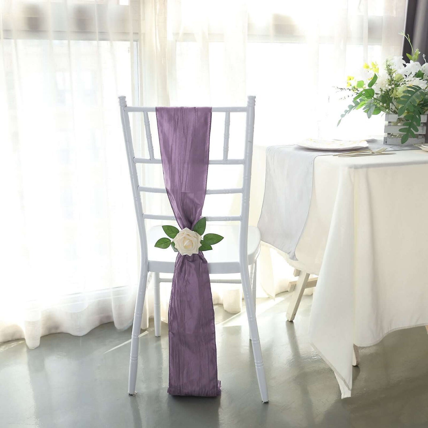 5 Pack Taffeta 6"x106" Chair Sashes Violet Amethyst Accordion Crinkle Texture - Stylish Decor for Weddings & Gatherings