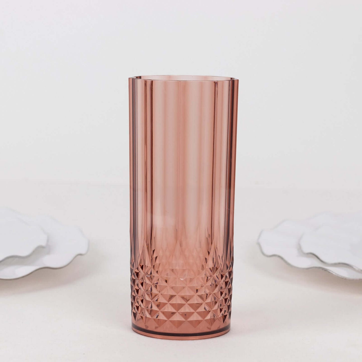 6-Pack Plastic Cocktail Tumblers Dusty Rose Transparent Crystal Cut Style - Shatterproof Highball Glasses 14oz