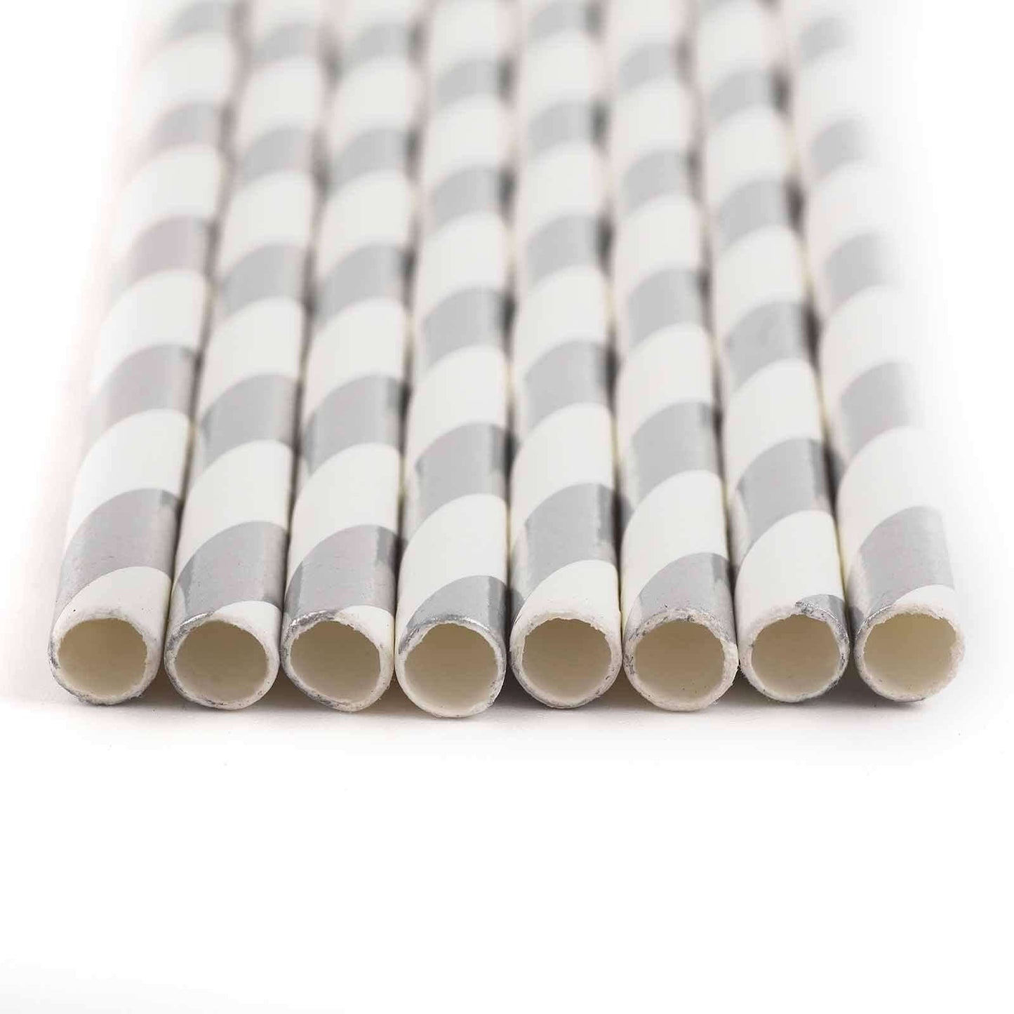 25-Pack Paper Straws White/Silver Striped - Stylish Disposable Straws for Drinks 8"
