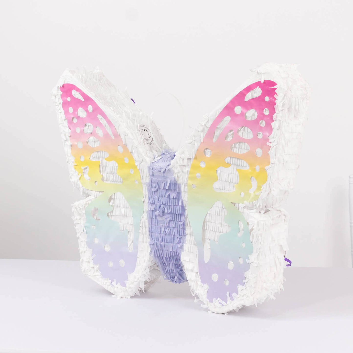 Expandable White Lilac Paper Butterfly Pinata Hanging Decor with Pastel Colored Wings, Fairy Themed Birthday Party Pinata - 23"x19"