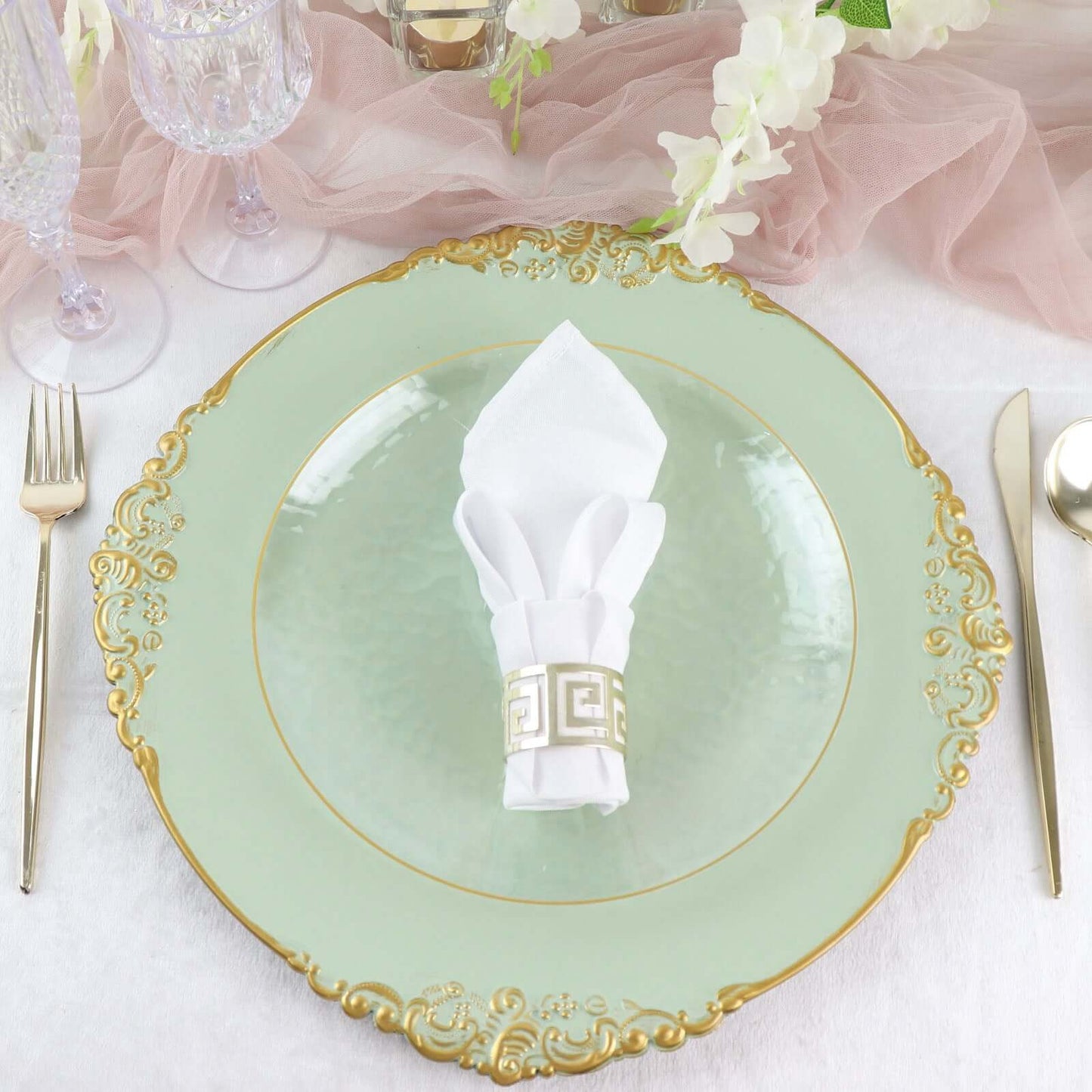 6-Pack Acrylic Round Charger Plates 13" in Sage Green with Gold Embossed Baroque Rim, Antique Decorative Dinner Party Charger Tableware