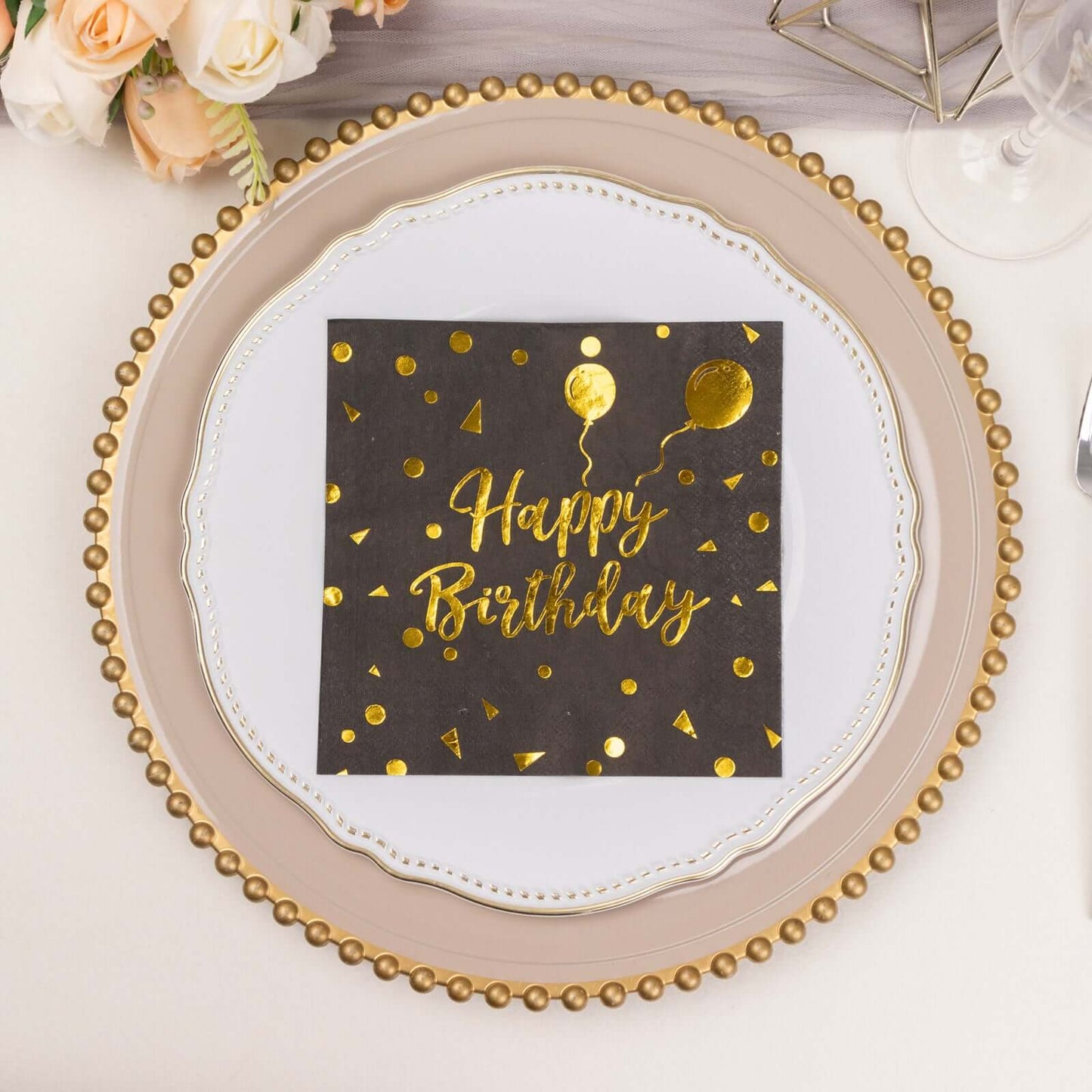 20-Pack Paper Beverage Napkins with Happy Birthday Foil Print Black/Gold - 2 Ply Disposable 18GSM Soft Party Napkins 6.5"x6.5"