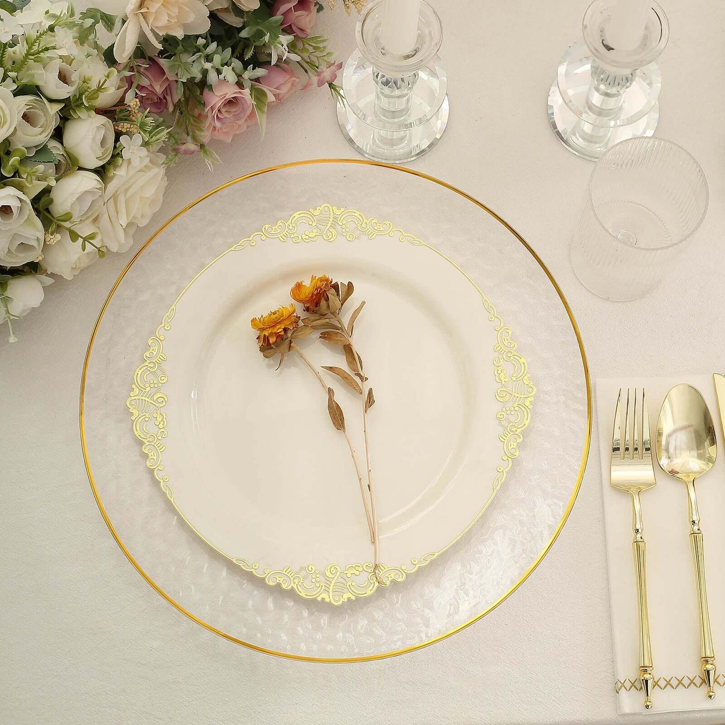 6-Pack Economy Plastic Round Charger Plates 13" in Clear Hammered Design with Gold Rim, Decorative Dinner Party Serving Plates