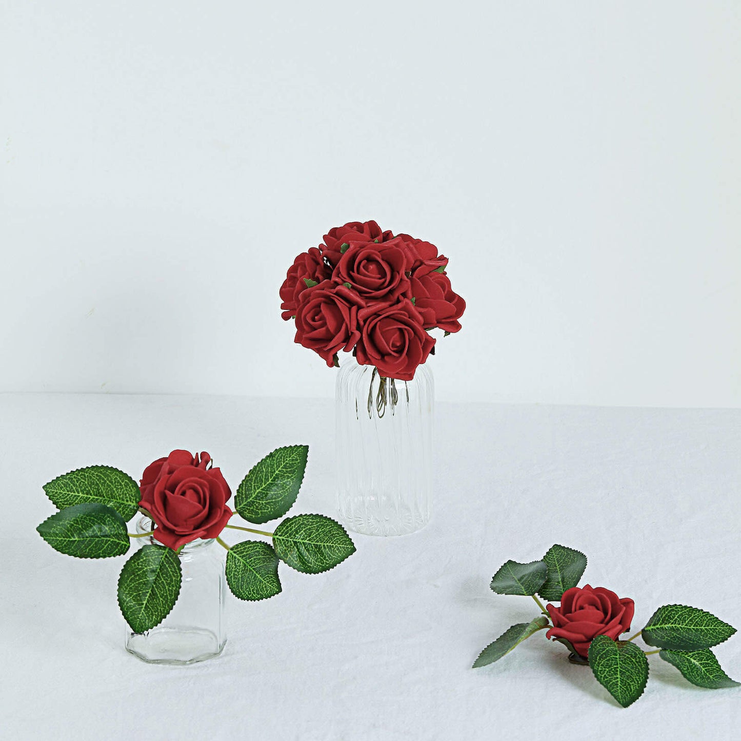 24 Roses 2" Red Artificial Foam Flowers With Stem Wire and Leaves