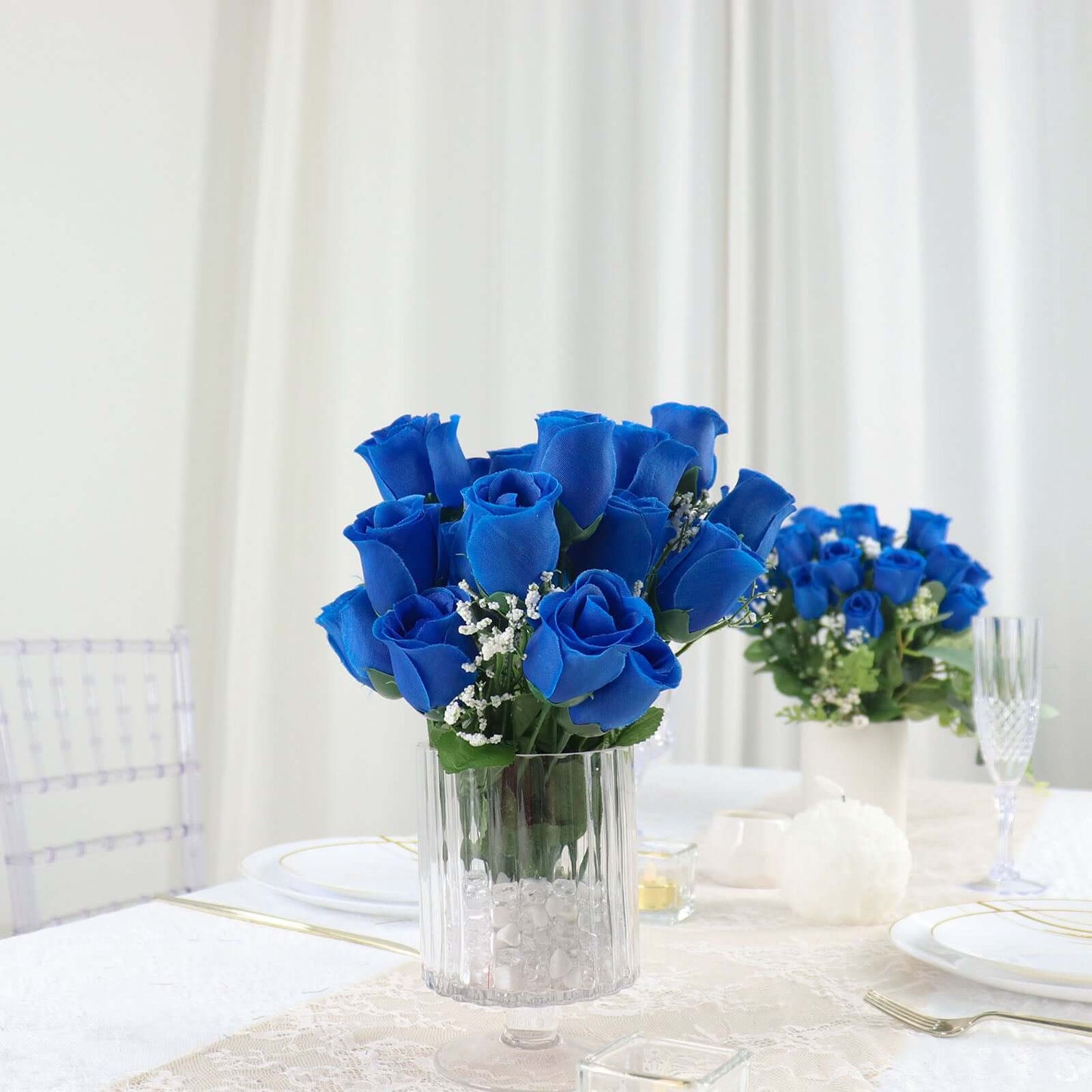 12 Bushes Royal Blue Artificial Premium Silk Flower Rose Bud Bouquets