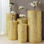Set of 5 Gold Sequin Mesh Cylinder Pedestal Stand Covers with Geometric Pattern Embroidery, Sparkly Sheer Tulle Pillar Prop Covers