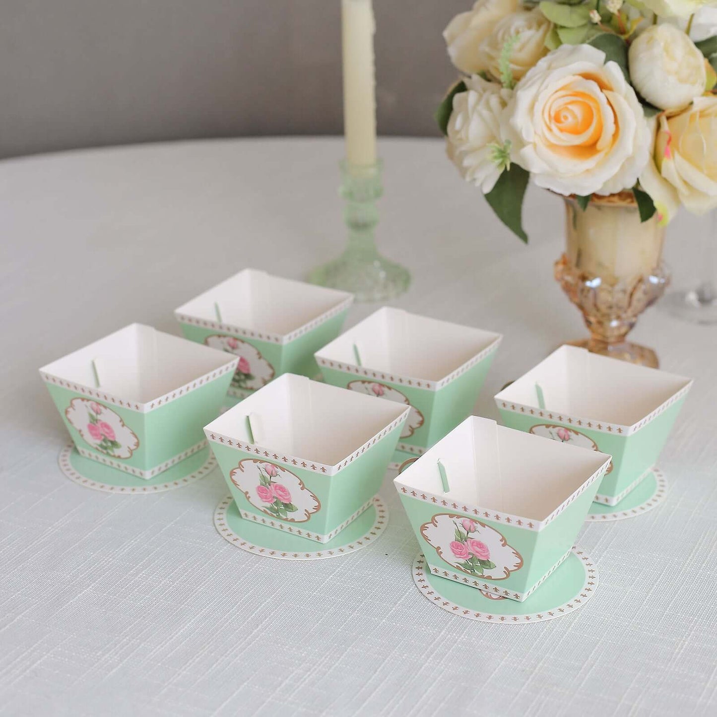 25 Pack Turquoise Mini Teacup and Saucer Party Favor Boxes with Rose Floral Print, Tea Time Candy Boxes - 4"x3"