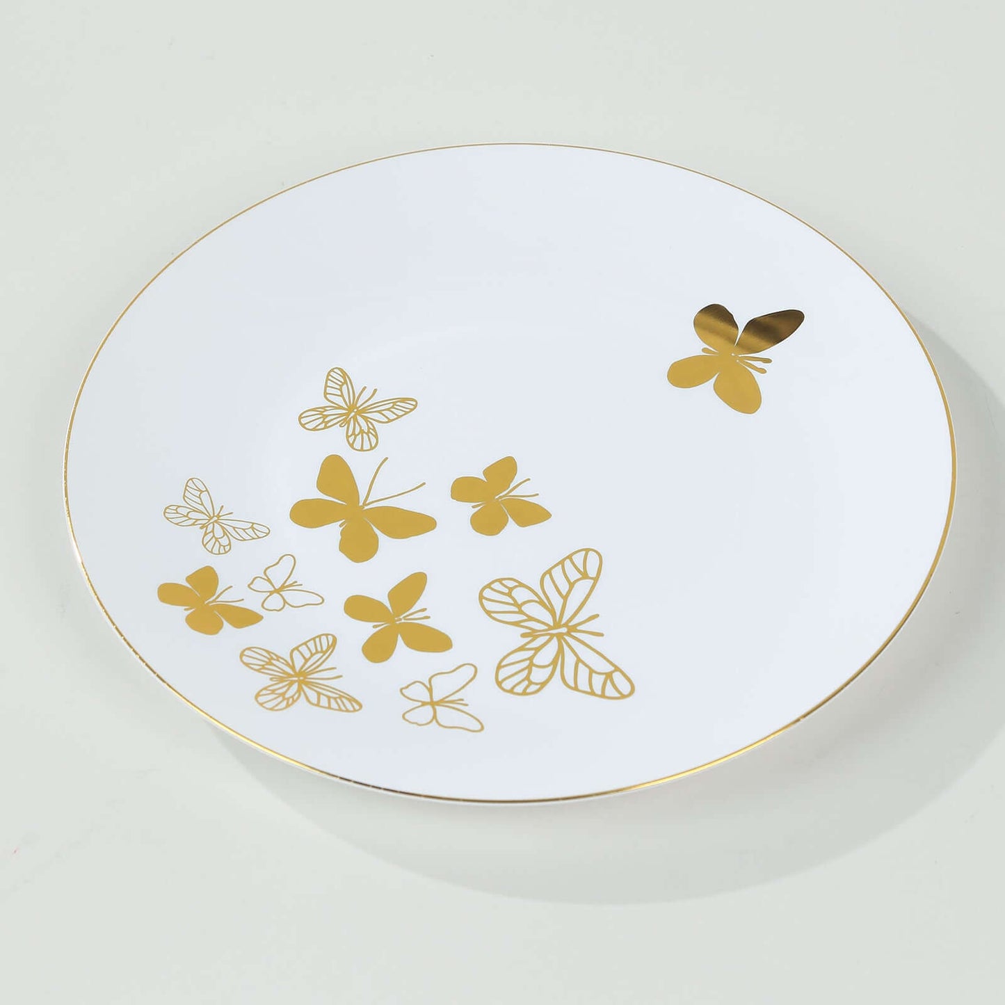 Set of 20 Plastic Round Dinner and Salad Plates in White with Gold Butterfly Design & Gold Rim - Stylish Disposable Dinnerware for Buffets & Catered Events 8", 10"