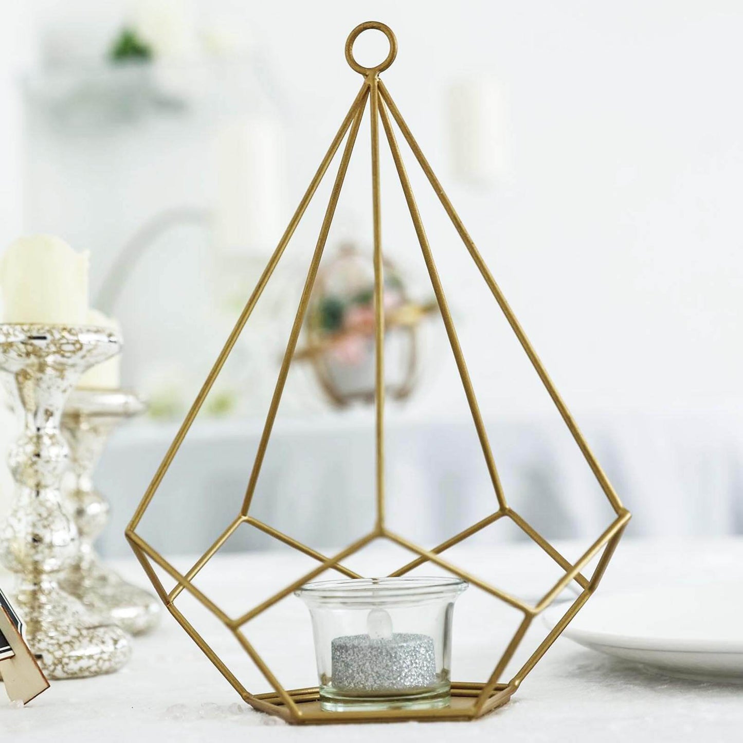 2-Pack Tealight Candle Holders Gold Metal Pentagon Geometric Open Frame - Flower Stand 9"