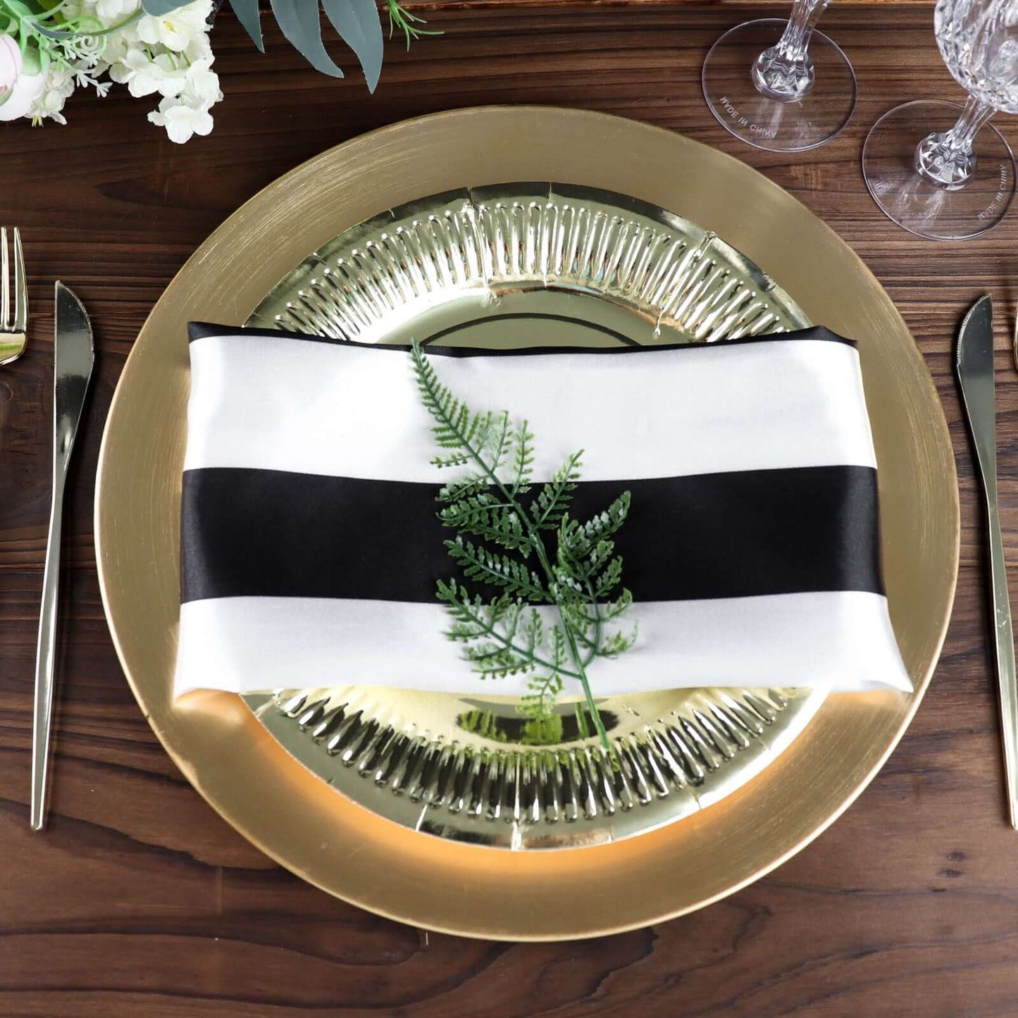 5 Pack Satin 20"x20" Napkins Black/White - Striped Reusable Dinner Napkins for Formal & Casual Dining