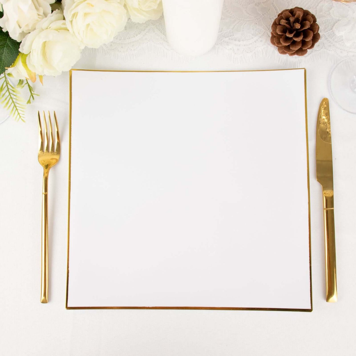 10-Pack Plastic 10" Square Dinner Plates in White Concave Style with Gold Rim - Modern Disposable Party Plates for Weddings & Special Events