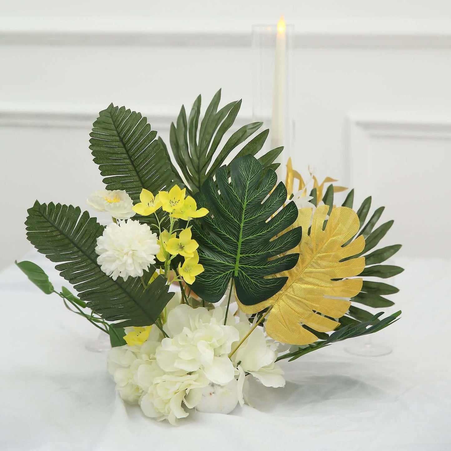 28 Pack Green And Gold Silk Tropical Monstera Palm Leaves, Assorted Artificial Jungle Theme Branches