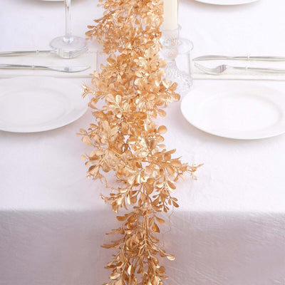 Artificial Boxwood Leaf Table Garland Metallic Gold - Versatile Faux Decorative Hanging Vine for Modern & Chic Event