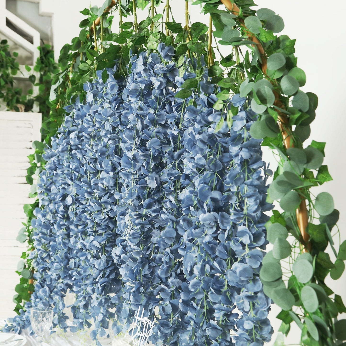 42" Silk Hanging Wisteria Flower Garland Vines in Dusty Blue, Elaborated 5 Full Strands in 1 Bush