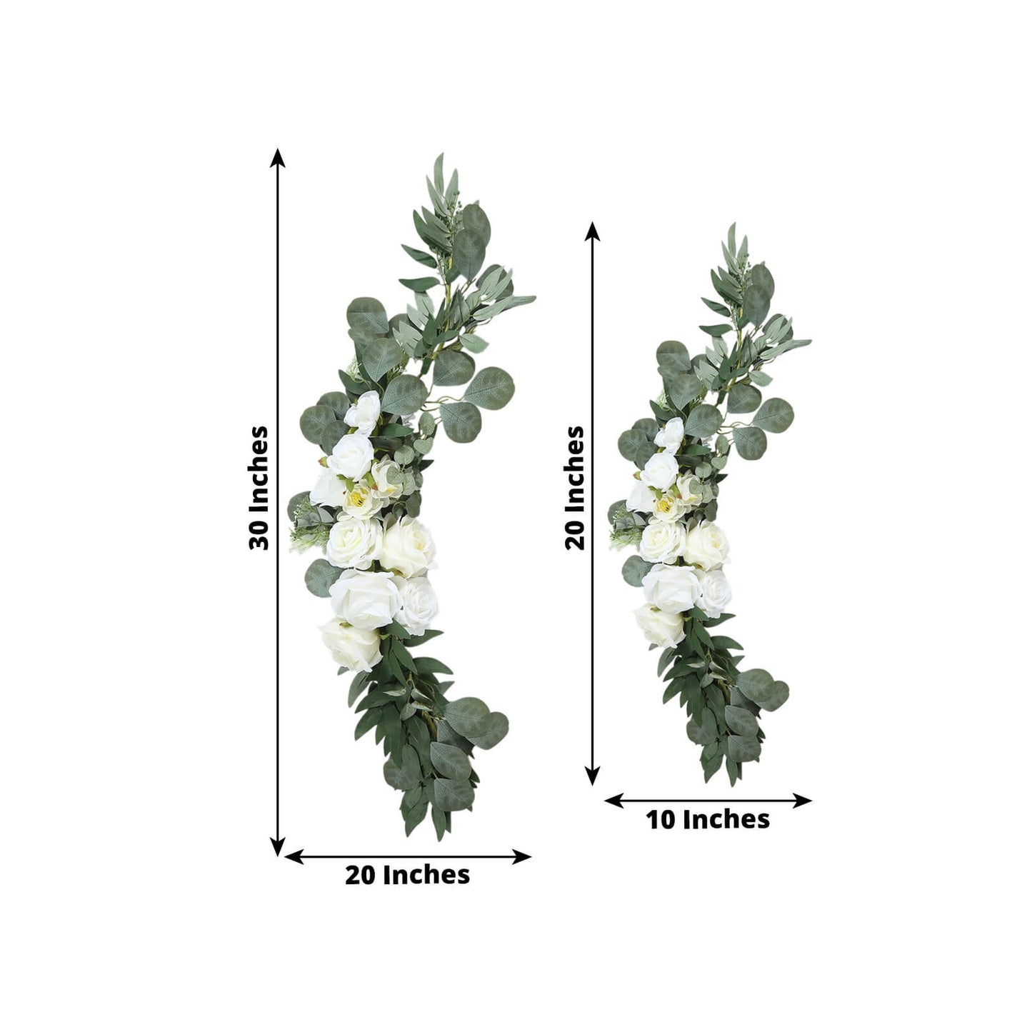 Set of 2 White Silk Rose Wedding Arch Flowers with Eucalyptus Leaves, Artificial Floral Swag Arrangement Party Decorations - 20",30"