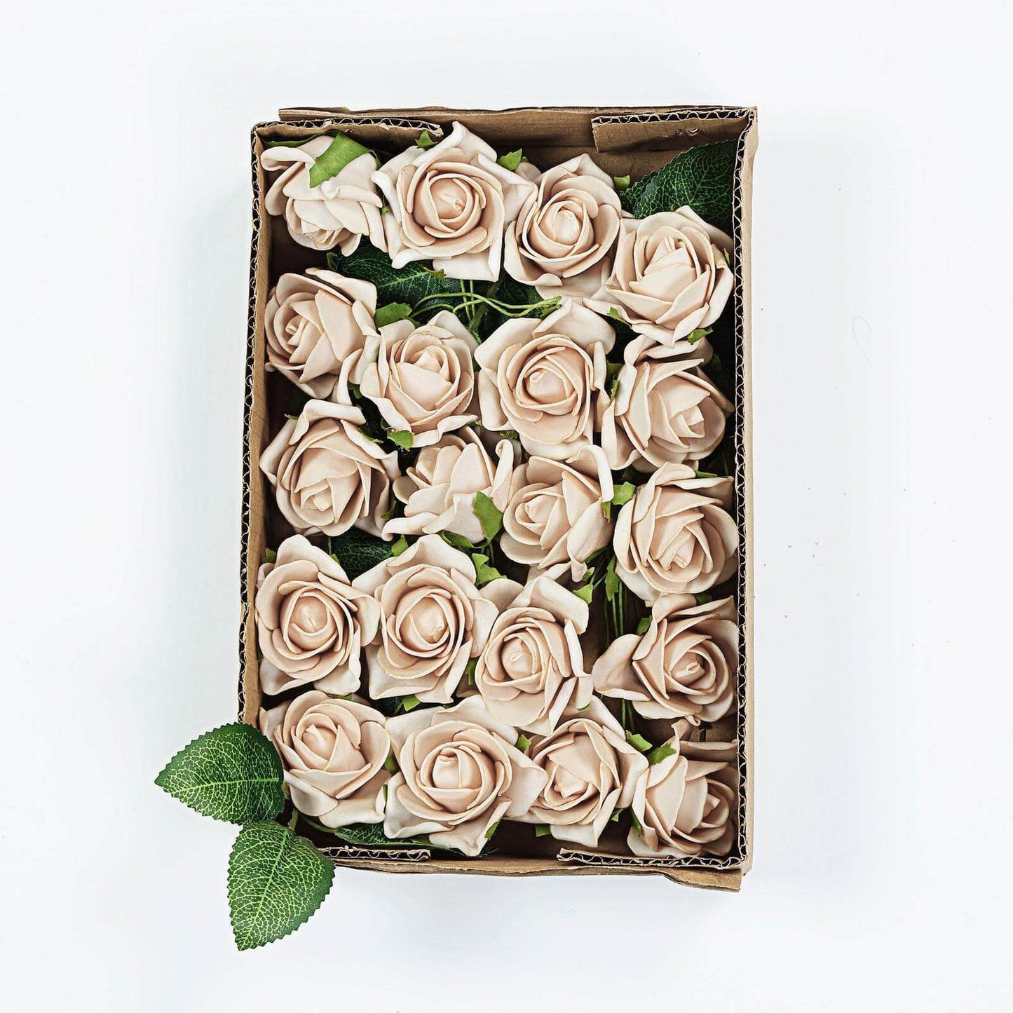 24 Roses 2" Champagne Artificial Foam Flowers With Stem Wire and Leaves
