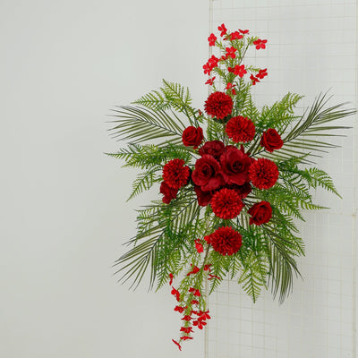 Artificial Wedding Arch Flowers â€“ Burgundy Rose & Chrysanthemum Swag with Greenery and Palm Leaves - Flower Garlands