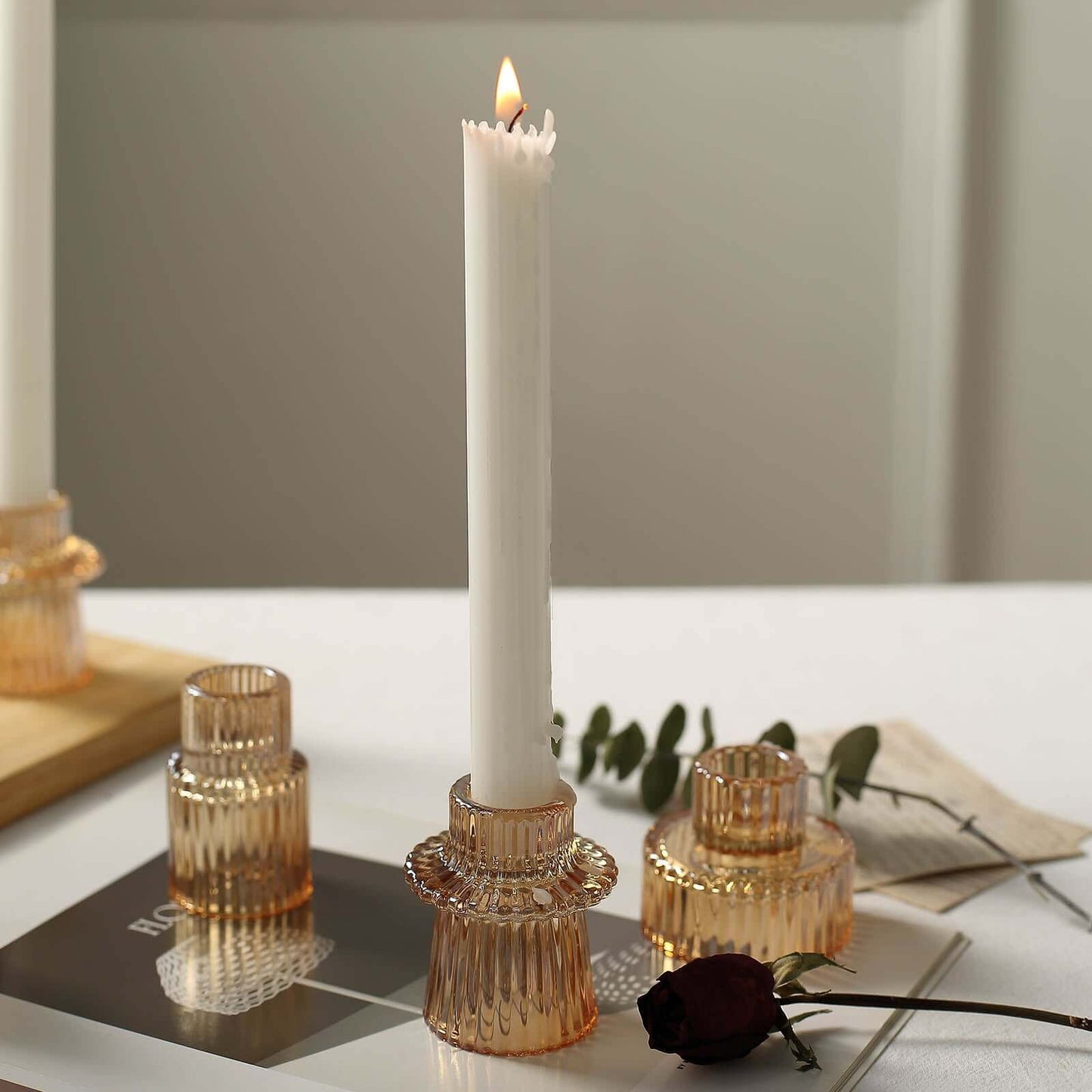 Set of 6 Glass Taper Candle Holders Ribbed Crystal Design Amber Gold - Reversible Mini Votive Tealight Stands 3"