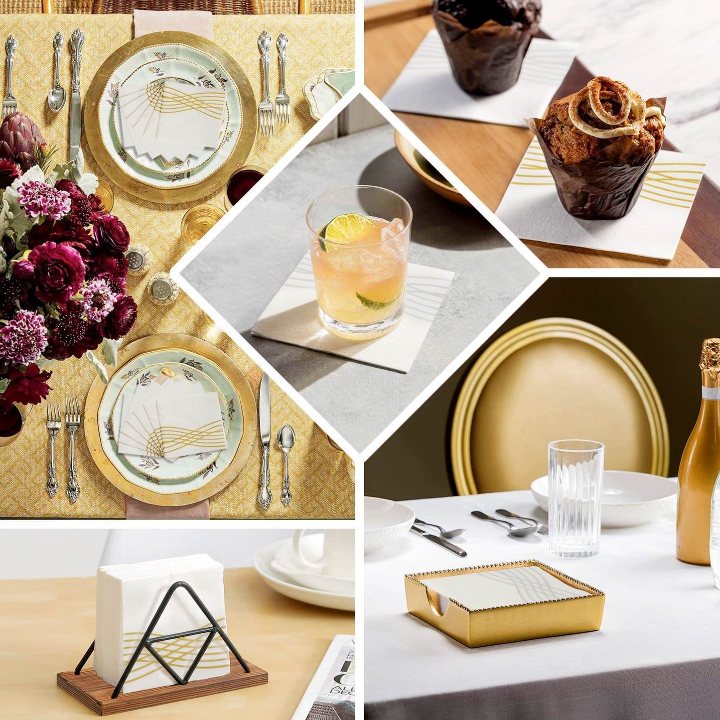 20 Pack Linen-Like Paper 5"x5" Napkins White with Gold Foil Wave Design - Classy Disposable Airlaid Cocktail Napkins