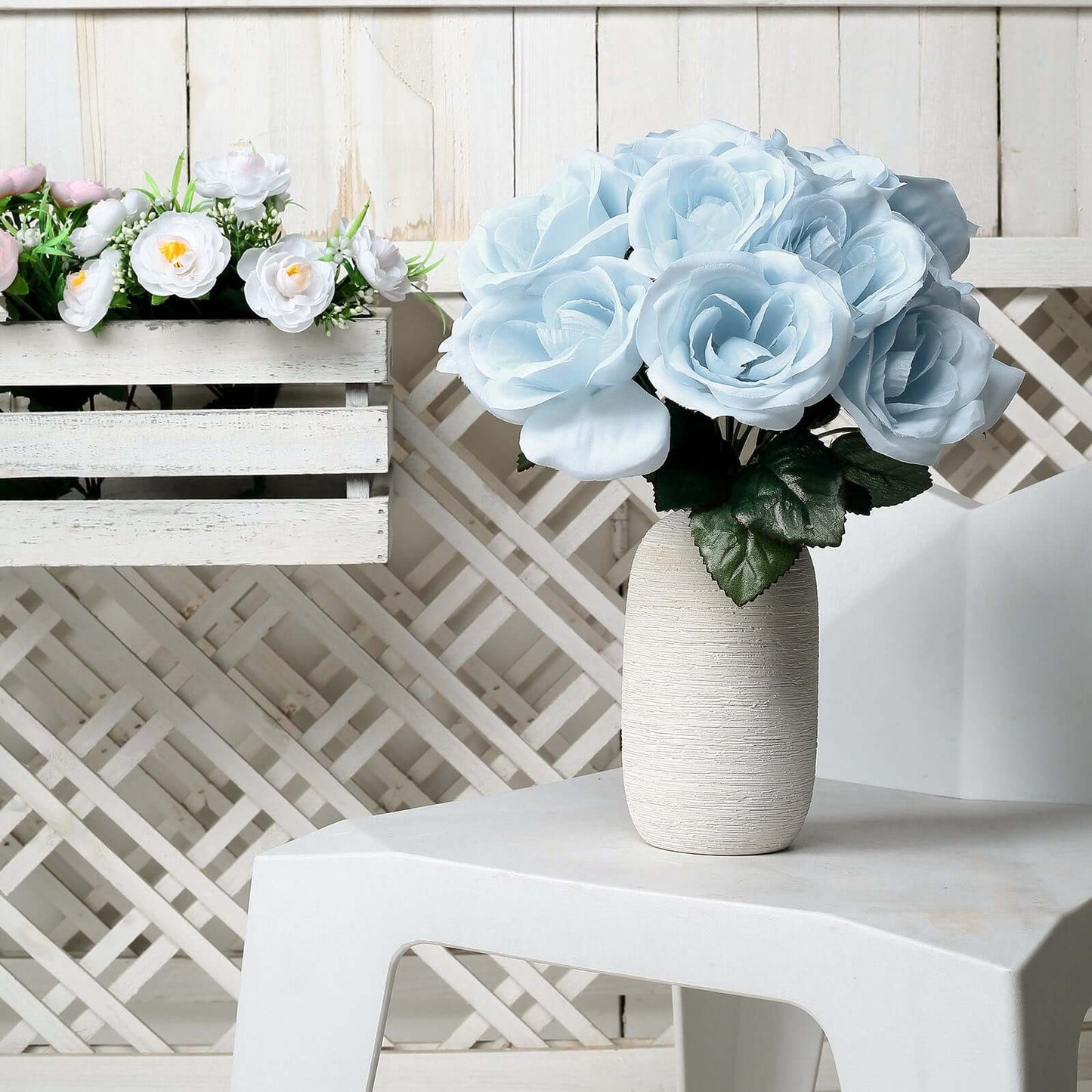 12" Ice Blue Artificial Velvet-Like Fabric Rose Flower Bouquet Bush