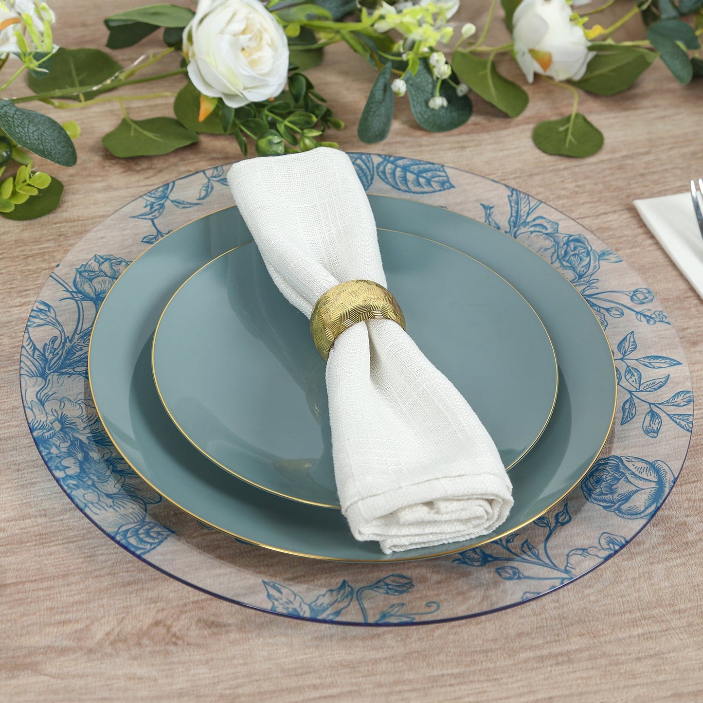 6 Pack Round Floral Acrylic Charger Plates in French Toile Pattern, 13" Clear Light Blue Dinner Charger Event Tabletop Decor