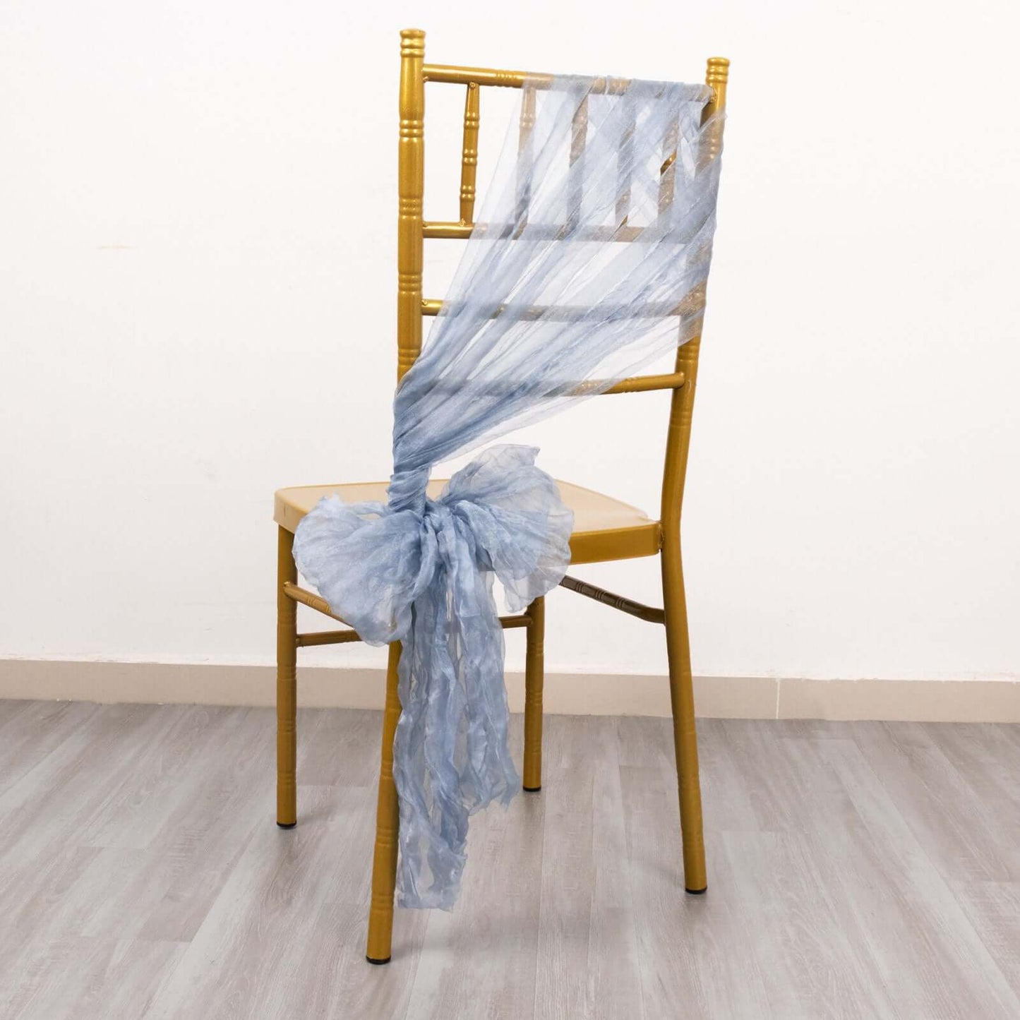 5 Pack Crinkled Organza Chair Sashes Dusty Blue with Shimmer Chiffon Layers - Stylish Sheer Decor