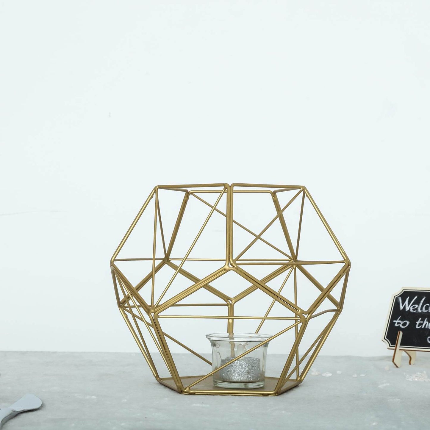 Tealight Candle Holder Gold Metal Pentagon Prism Geometric Open Frame - Flower Stand 7"