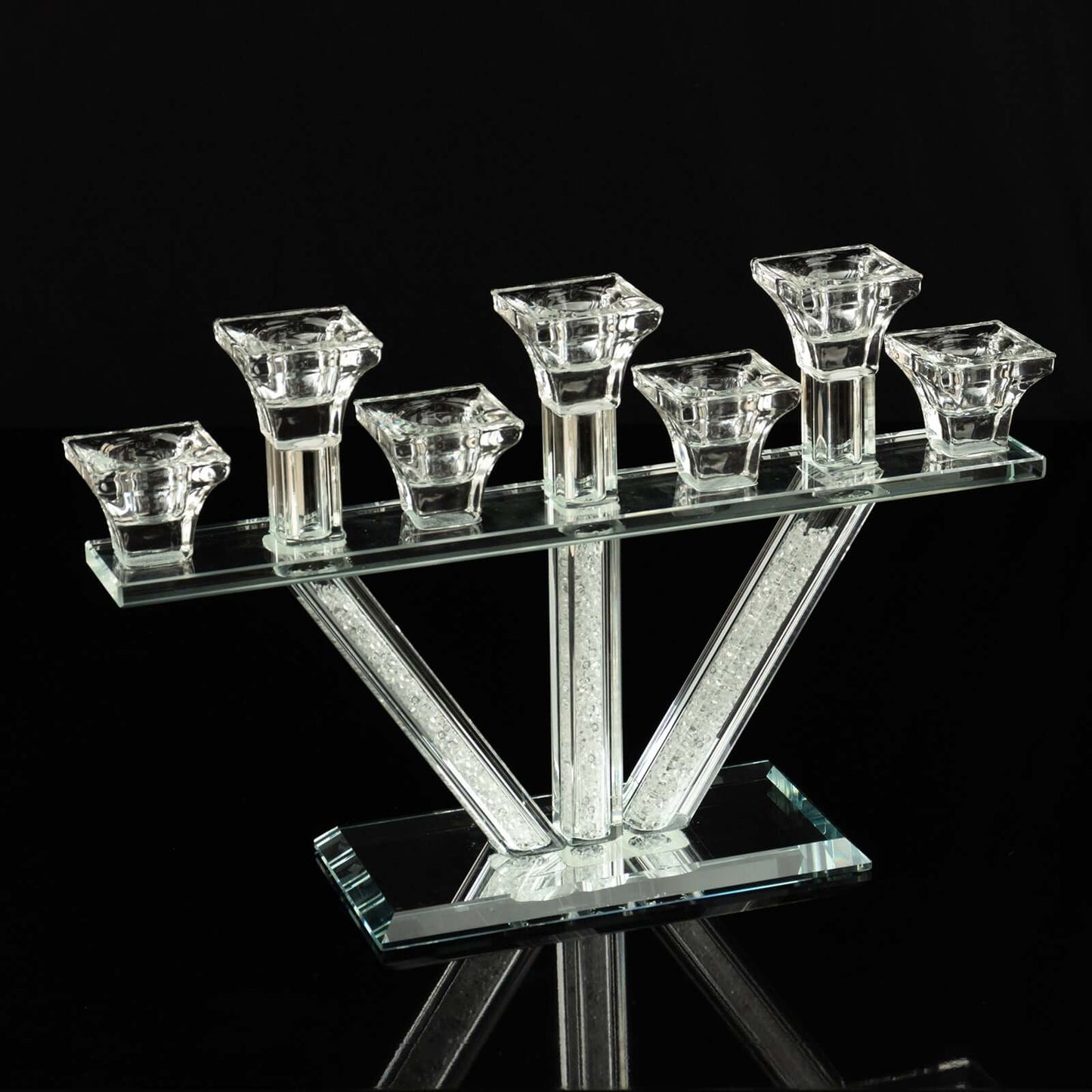 Crystal Glass Candelabra, 7-Branch Taper Candle Stick Holder Stand Table Centerpiece With Crystal Filler and Mirror Base 12"