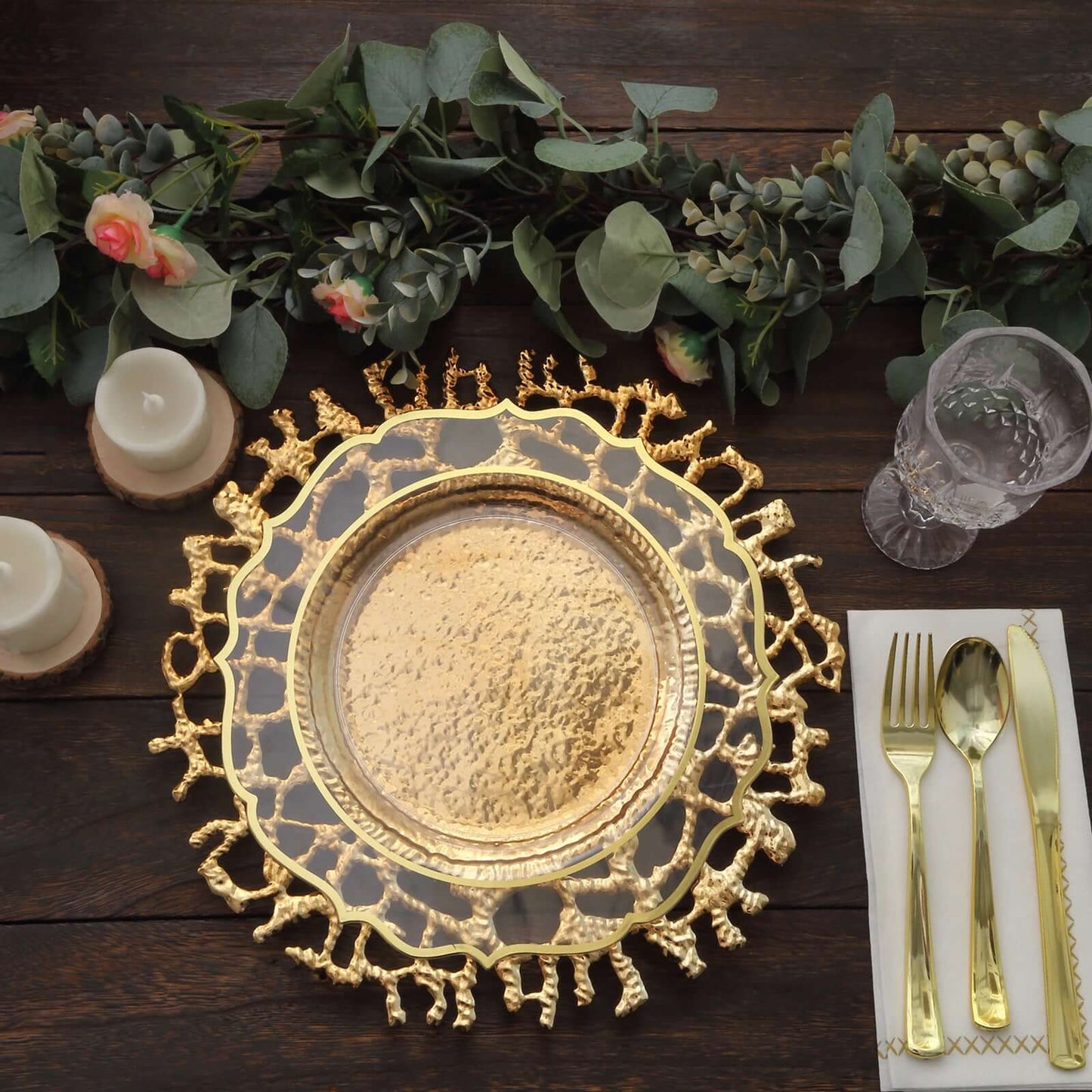 6-Pack Acrylic Round Charger Plates 13" in Gold with Molten Branch Design, Plastic Hollow Lace Decorative Dinner Party Charger Tableware