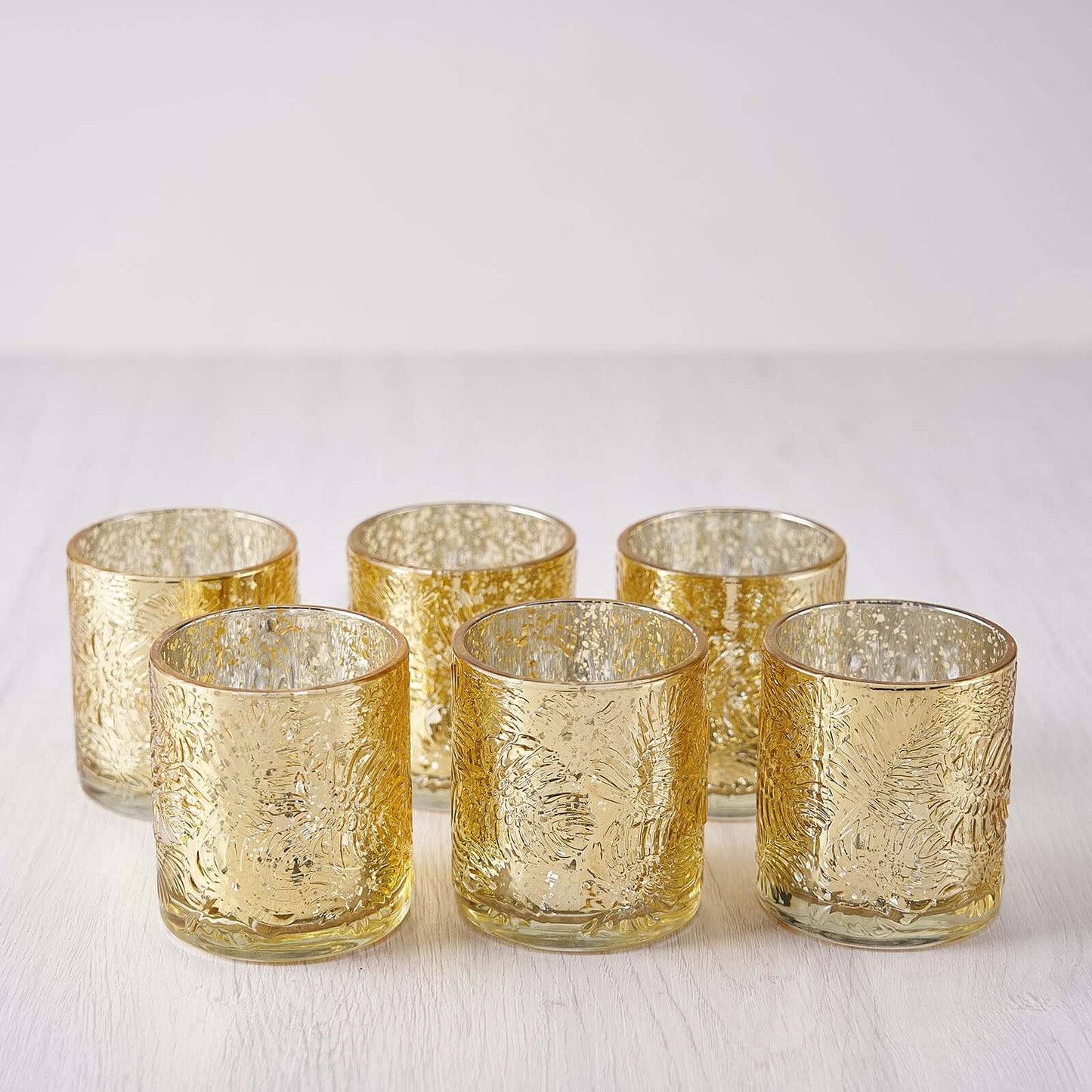 6-Pack Mercury Glass Candle Holders Gold Palm Leaf Design - Votive Tealight Holders for Events