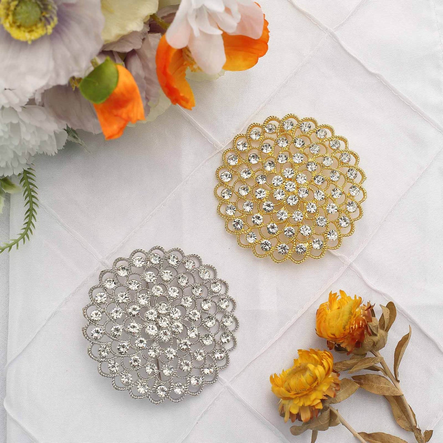 Rhinestone Metal Flower Chair Sash Band Buckle Gold - Glittering Diamond Accent for Weddings & Celebrations 3"