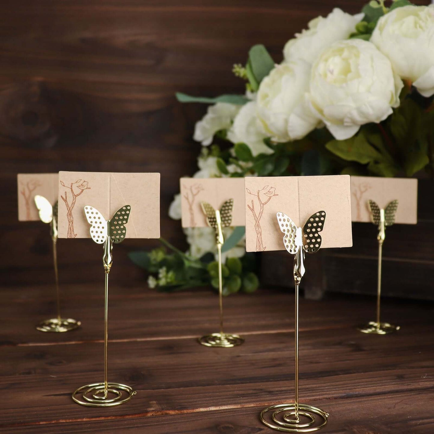 5-Pack Metal Place Card Holders Gold - Modern Table Number Stands with Whimsical Butterfly Clips & Spiral Base for Signs Memos Photos Menus 5"