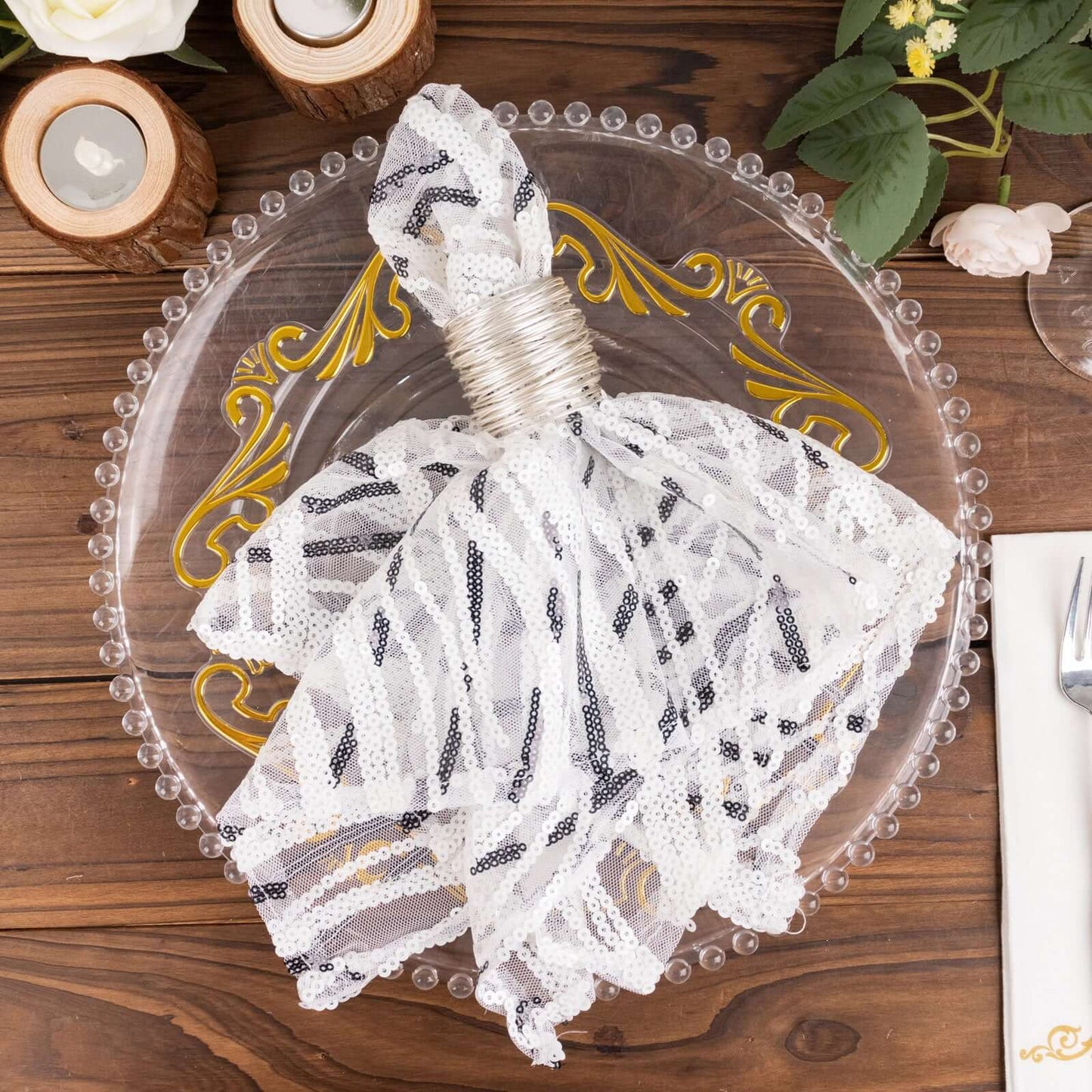 Sequin Mesh 20"x20" Napkin White Black - Wave Embroidered Reusable Napkin