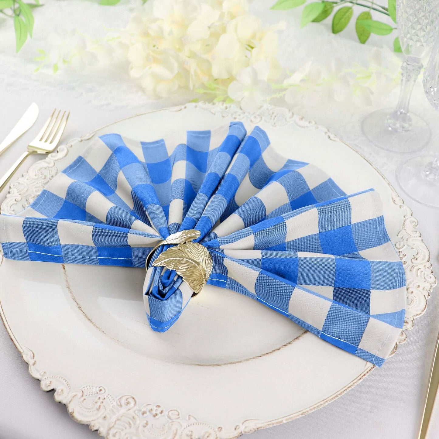 5 Pack Polyester 15"x15" Napkins Blue/White Buffalo Plaid Gingham Style Cloth Napkins