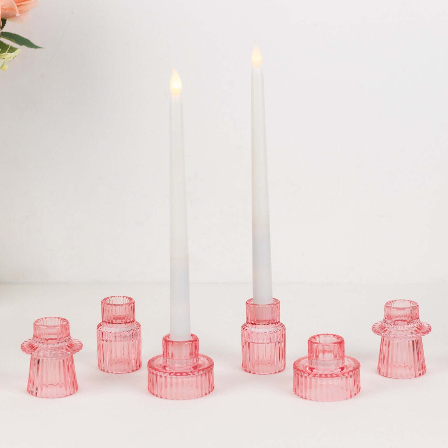 Set of 6 Glass Taper Candle Holders Ribbed Crystal Design Pink - Reversible Mini Votive Tealight Stands 3"