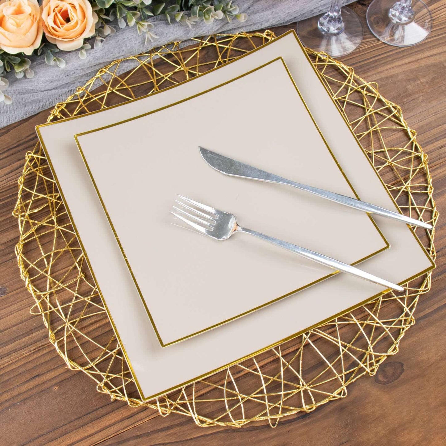 10-Pack Plastic 8" Square Dessert Plates in Taupe Concave Style with Gold Rim - Modern Disposable Salad Appetizer Party Plates