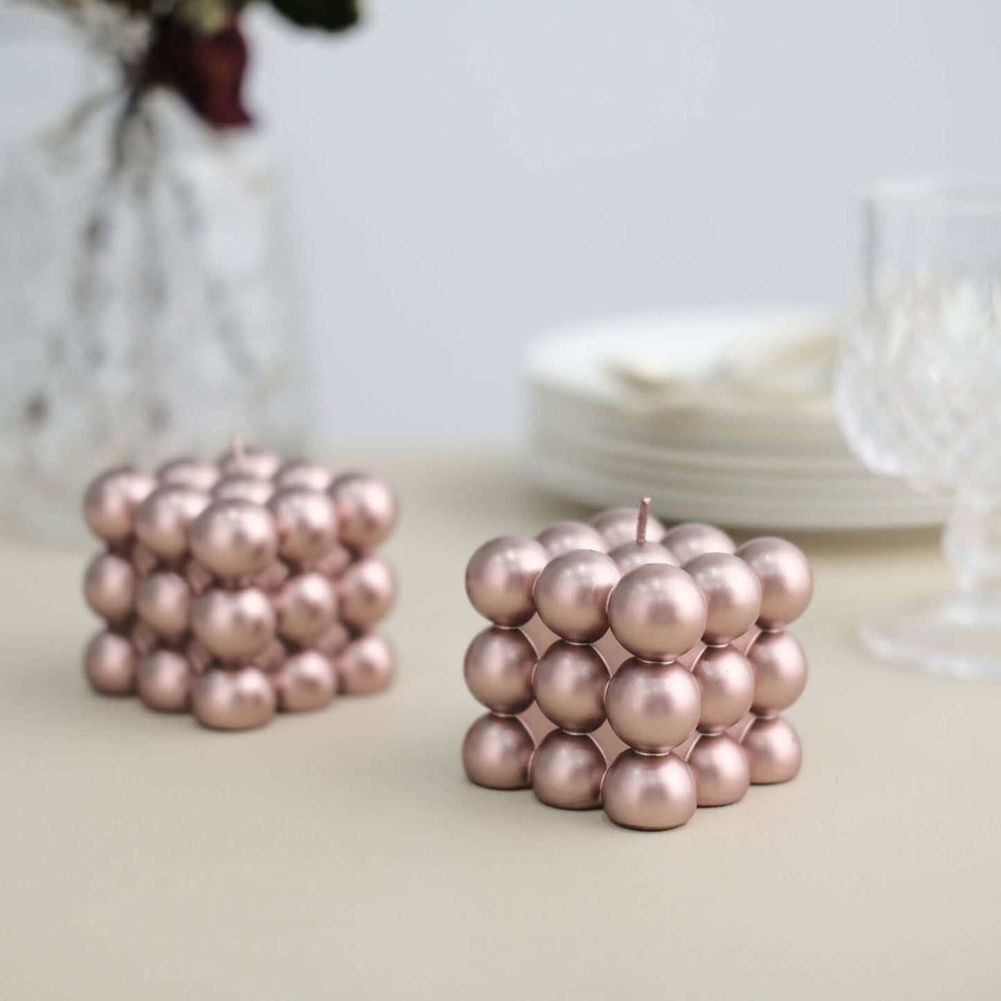 2-Pack Decorative Paraffin Wax Candles Bubble Cube Design Metallic Rose Gold - Unscented Long Burning Pillar Candle Set 2"