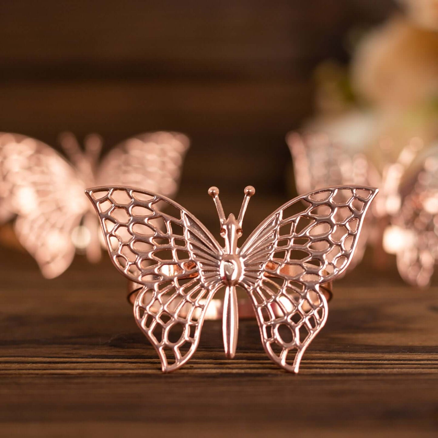 4 Pack Rose Gold Metal Butterfly Napkin Rings, Decorative Laser Cut Cloth Napkin Holders