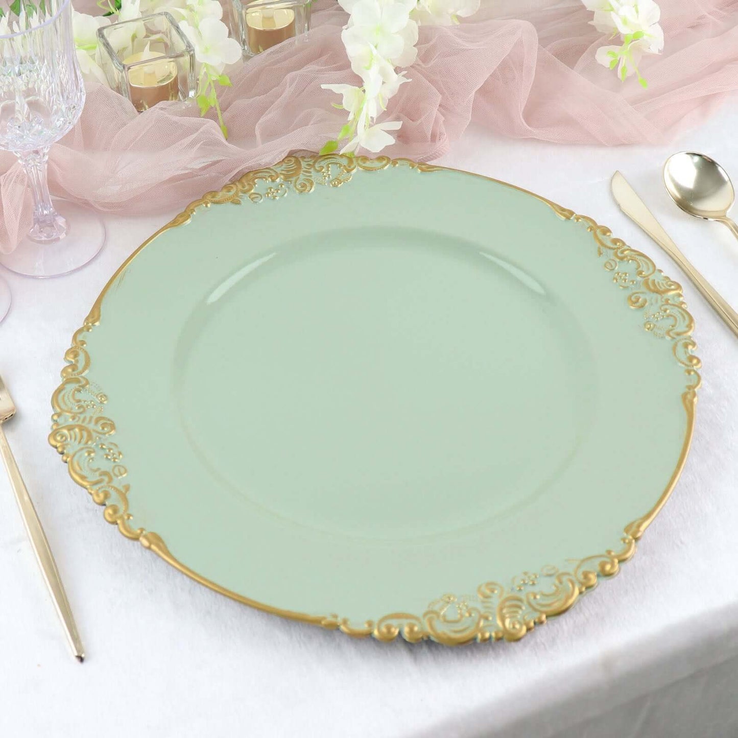 6-Pack Acrylic Round Charger Plates 13" in Sage Green with Gold Embossed Baroque Rim, Antique Decorative Dinner Party Charger Tableware