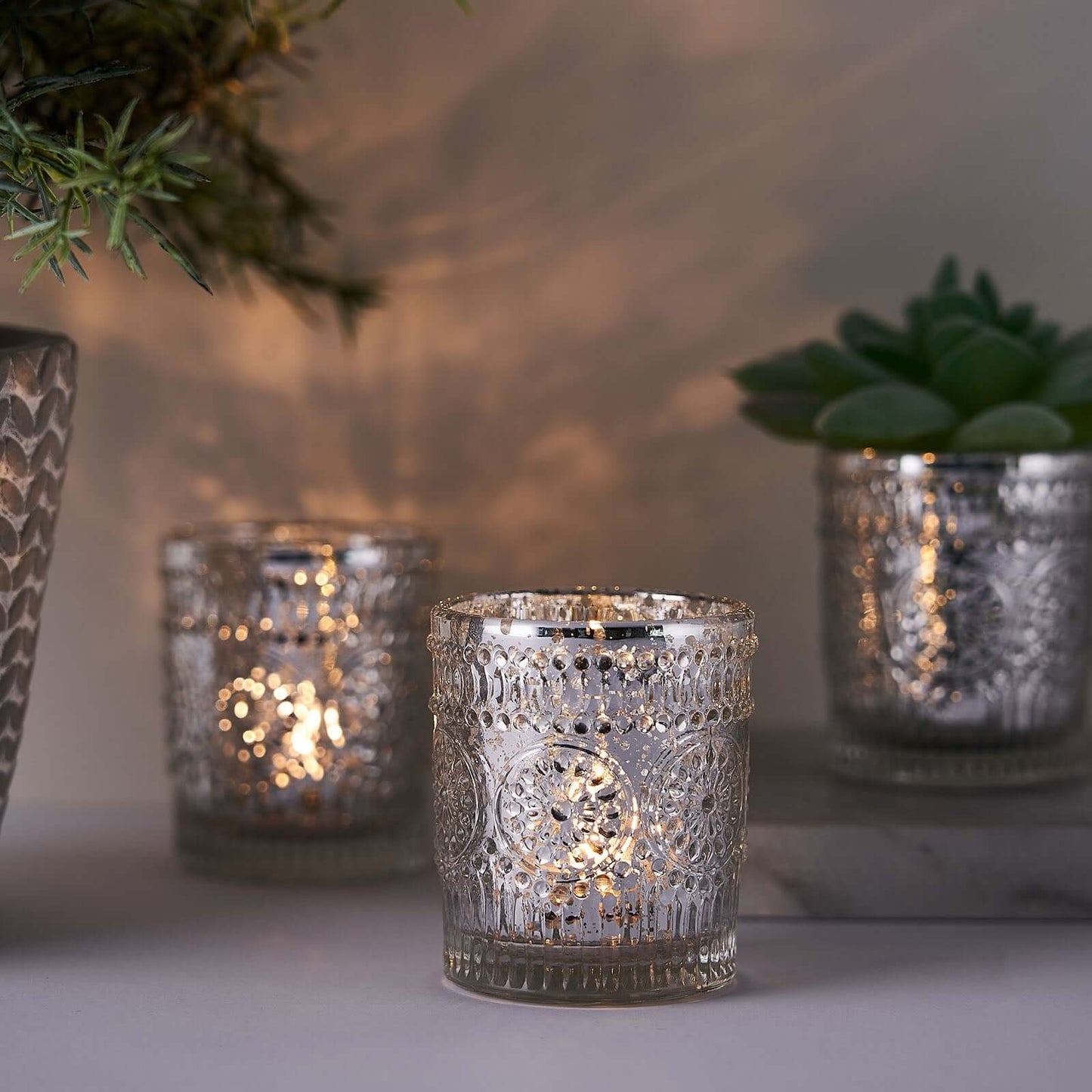 6-Pack Silver Glass Votive Tealight Holders - Stylish Primrose Design for Weddings & DÃ©cor