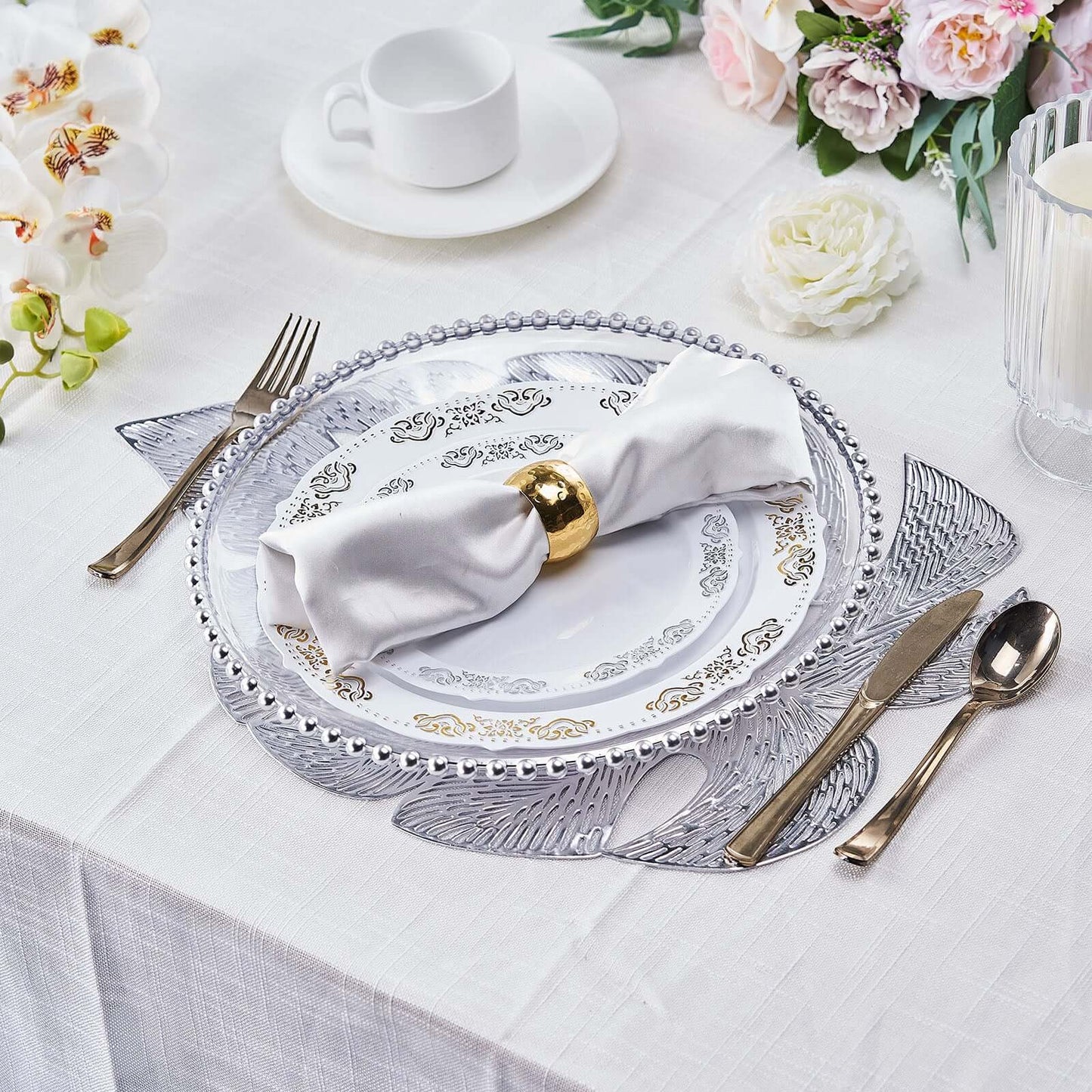 6-Pack Dining Table Mats Monstera Leaf Design Silver - Vinyl Non-Slip Surface for Tropical Themes 18"