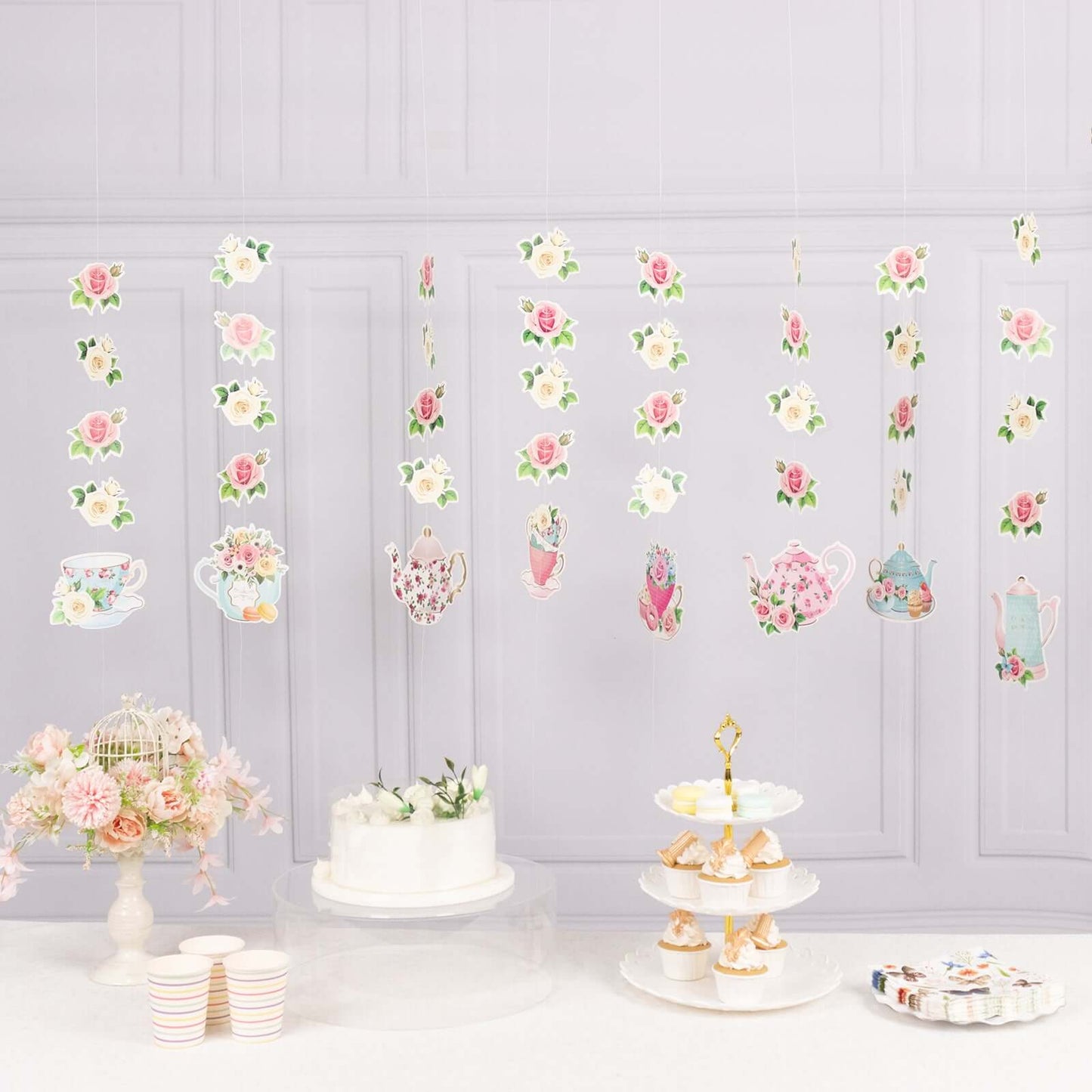 8 Pack Double Sided Floral Tea Party Paper Garland, 40" Pre-Assembled Mixed Teapot Banner Hanging Decorations