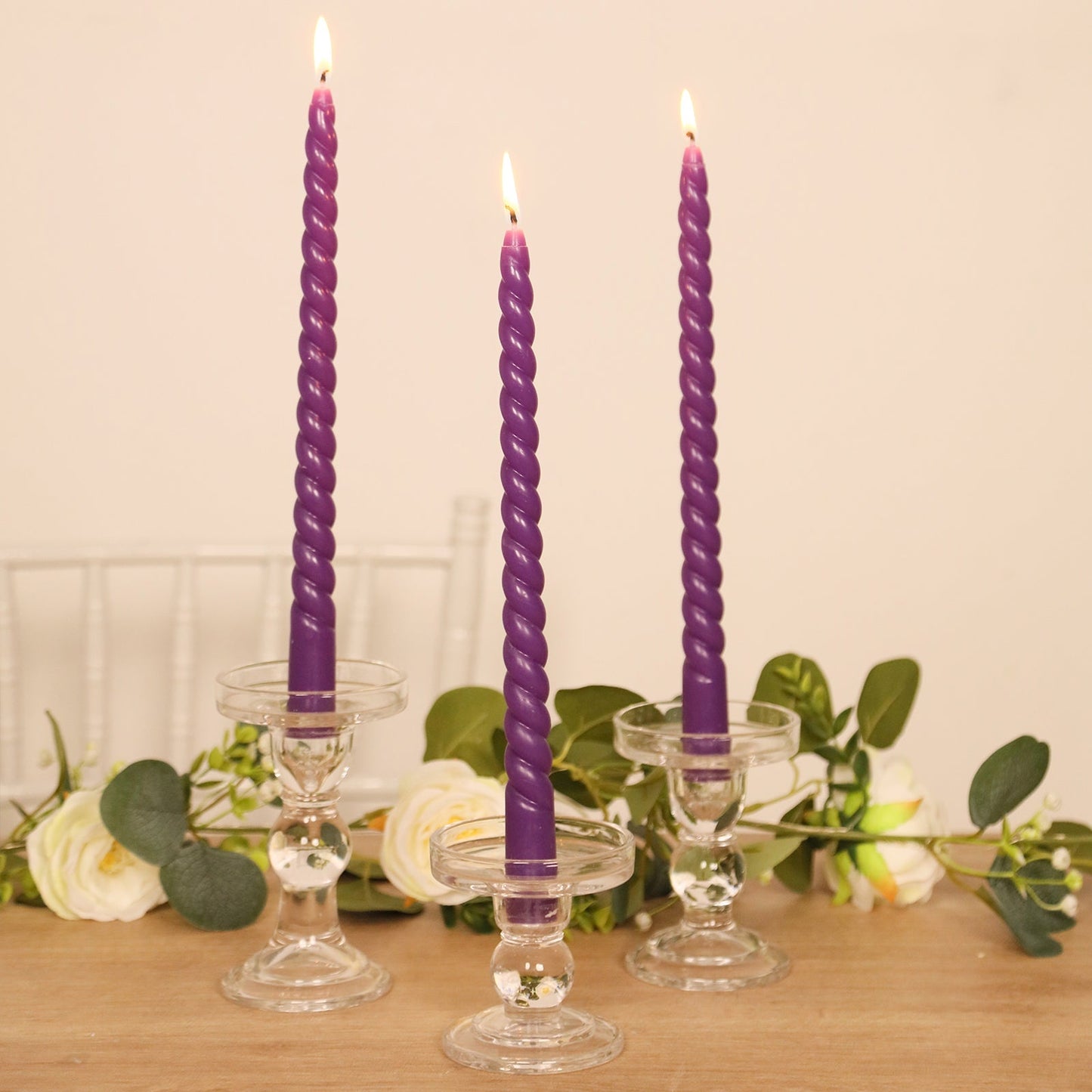 12-Pack Taper Candles Spiral Long Burn Wick Design Purple - Premium Unscented Wax Dinner Candle Sticks 11"