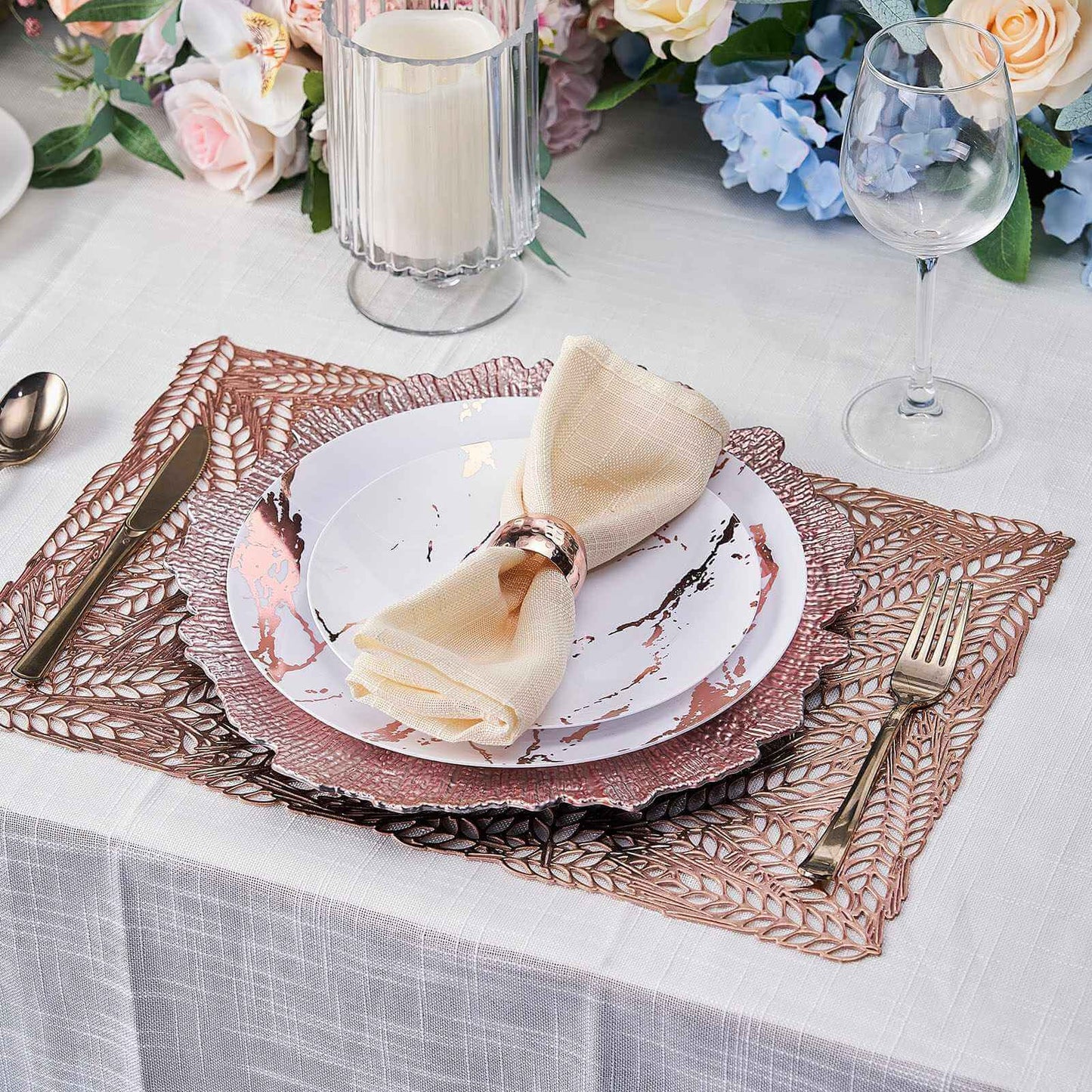 6-Pack Table Mats Wheat Design Rose Gold - Vinyl Rectangle Non-Slip Surface for Stylish Settings 12"x18"