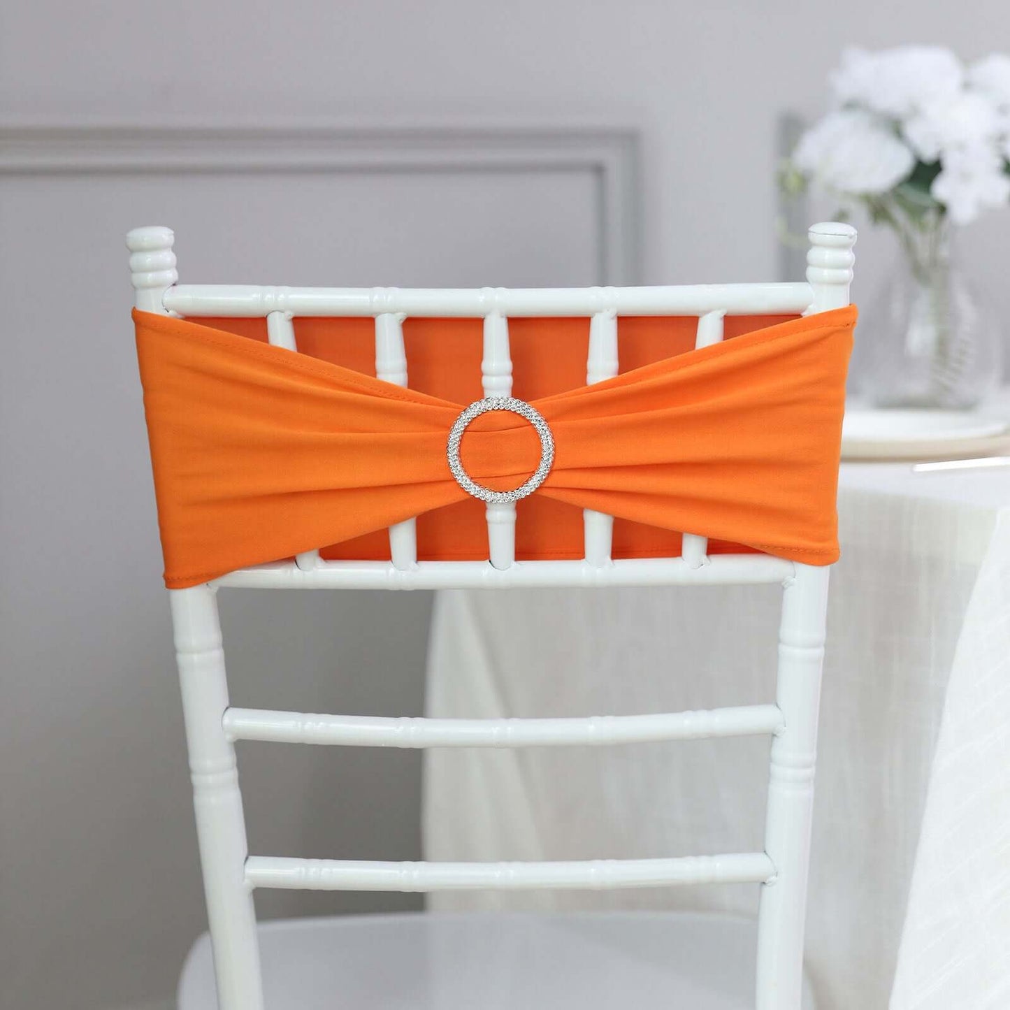 5 Pack Stretch Spandex Chair Sashes Orange - Reusable Chair Bands with Silver Diamond Ring Slide Buckle 5"x14"