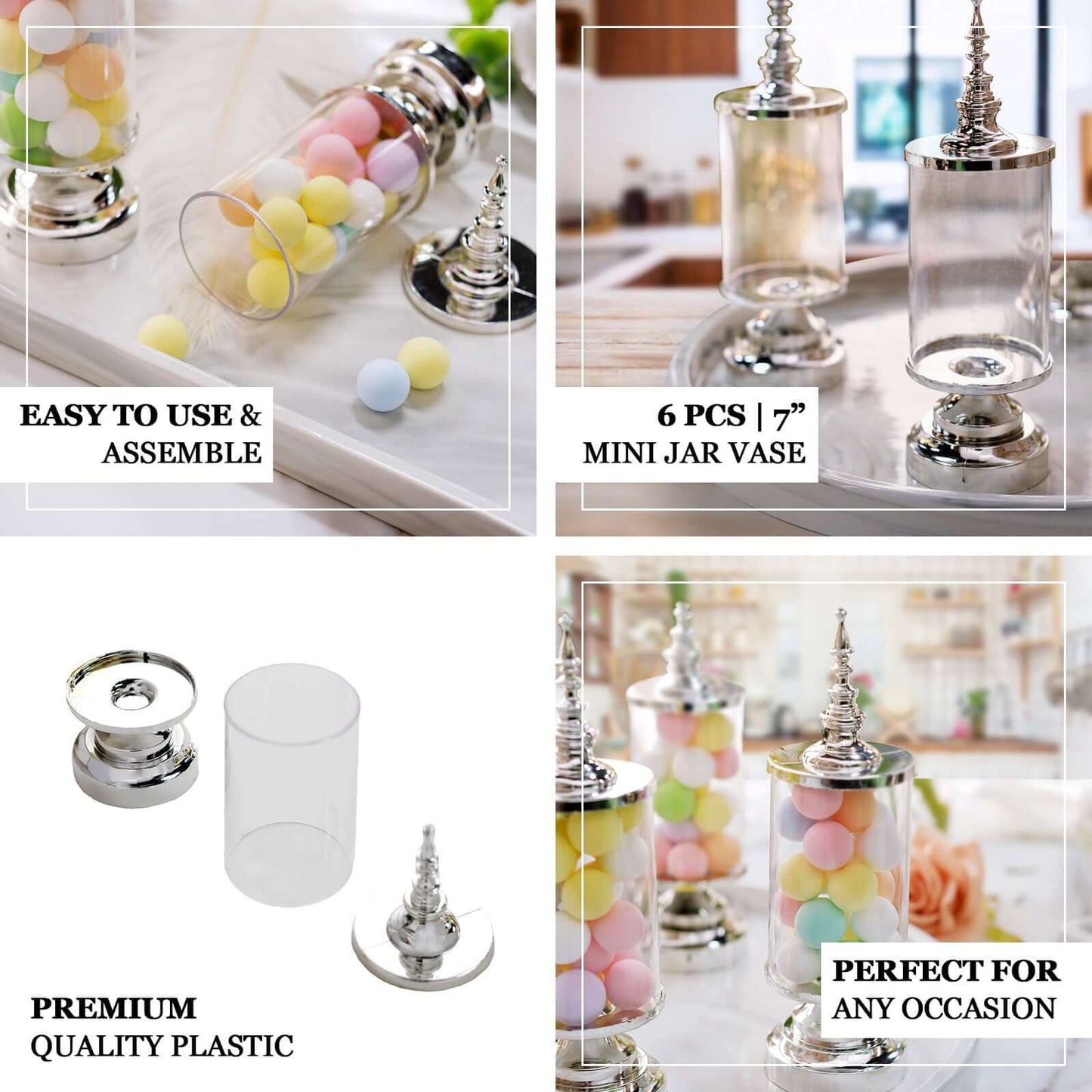 6-Pack Pillar Candy Jar Candy Container Clear/Silver - Decorative Apothecary Jars for Party Favors 7"