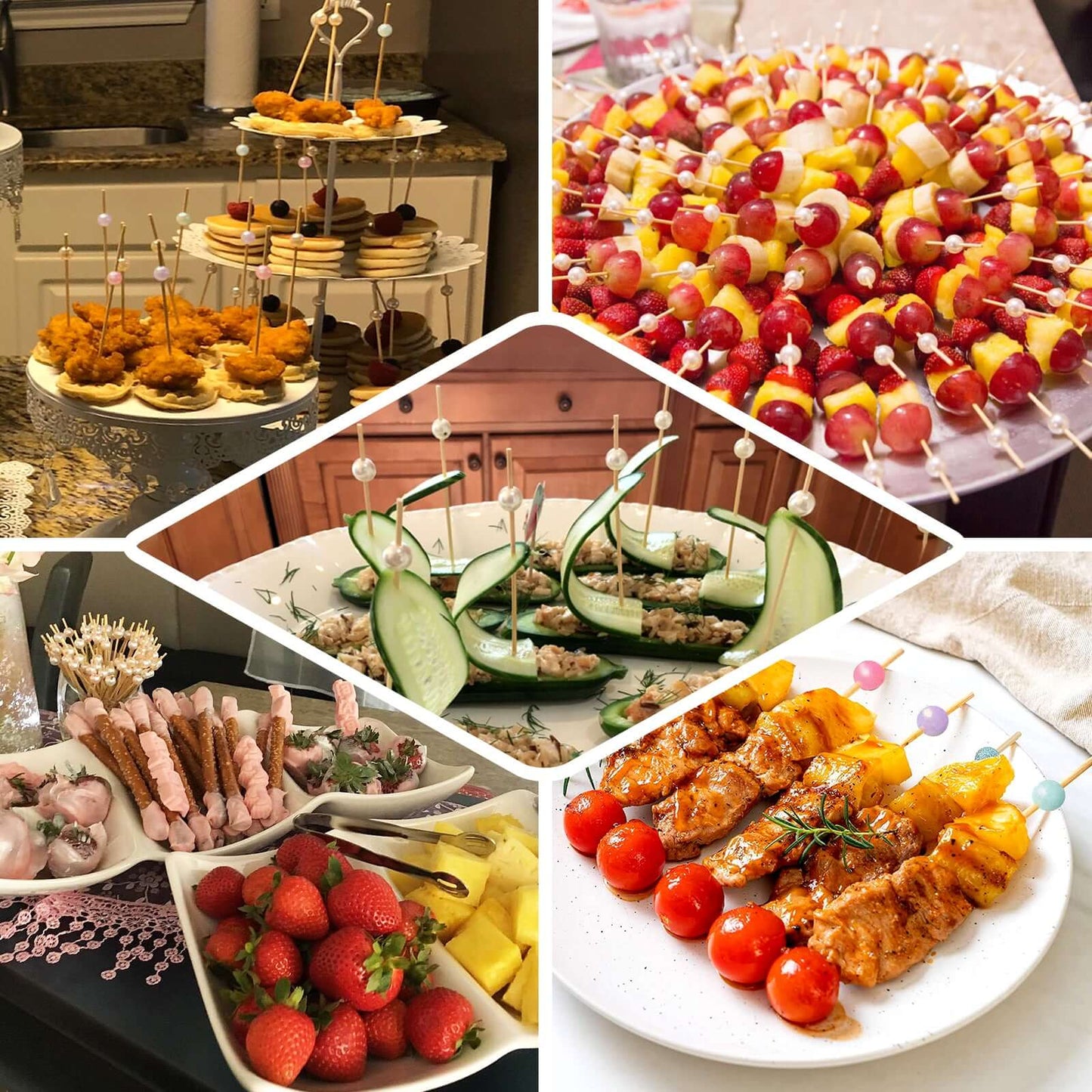 100-Pack Bamboo Cocktail Picks Natural Pearl Decorative Top Design - Eco Friendly Stir Sticks 5"