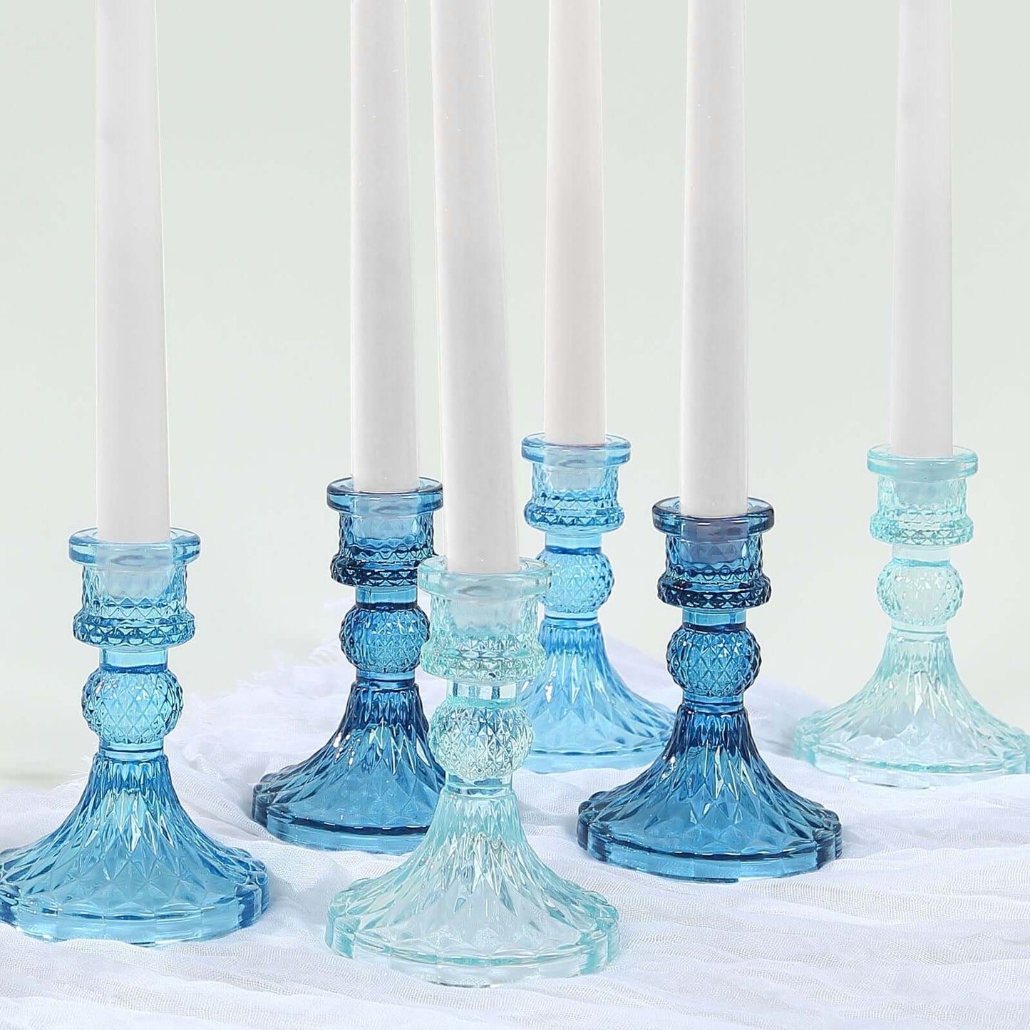 6-Pack Glass Taper Candlestick Holders Diamond Pattern Design Assorted Blue - Reversible Crystal Pillar Votive Stands 4"