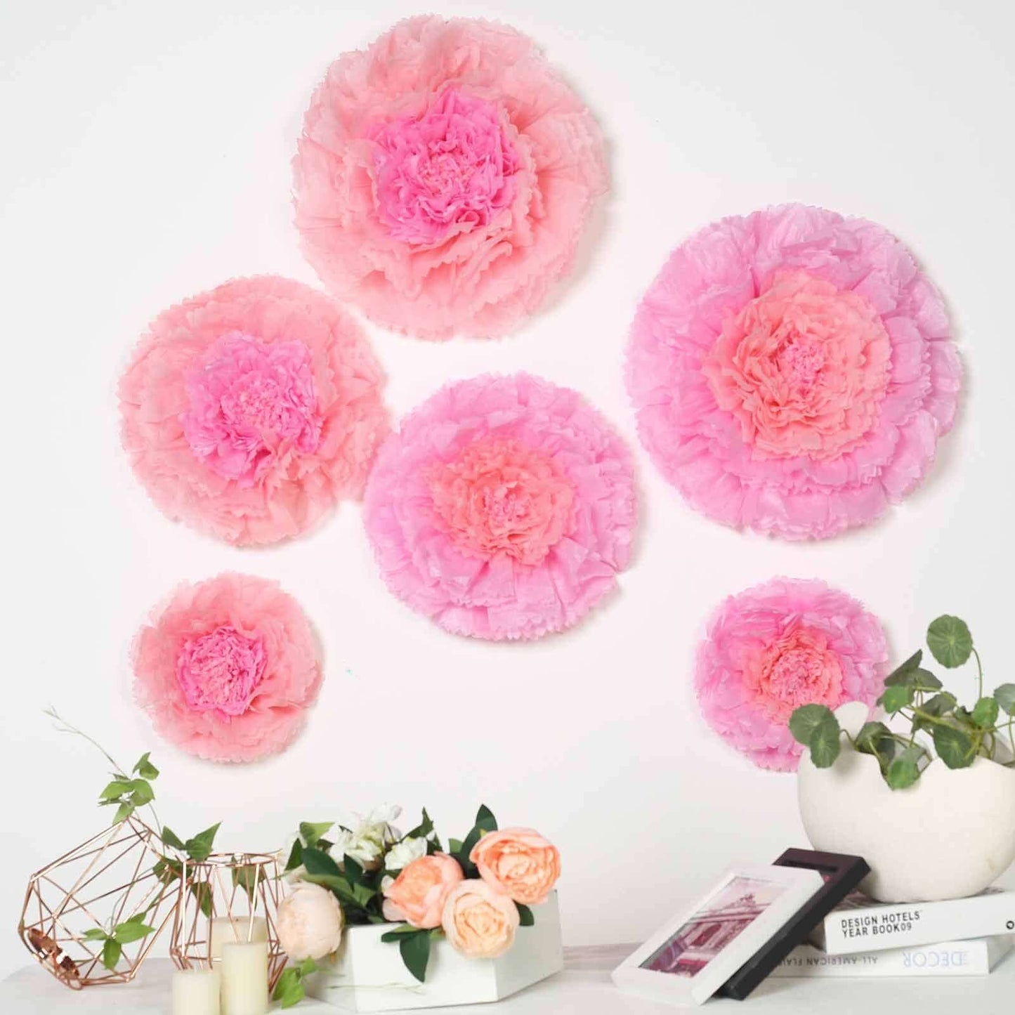 Set of 6 Blush Pink Carnation 3D Paper Flowers Wall Decor - 7",9",11"