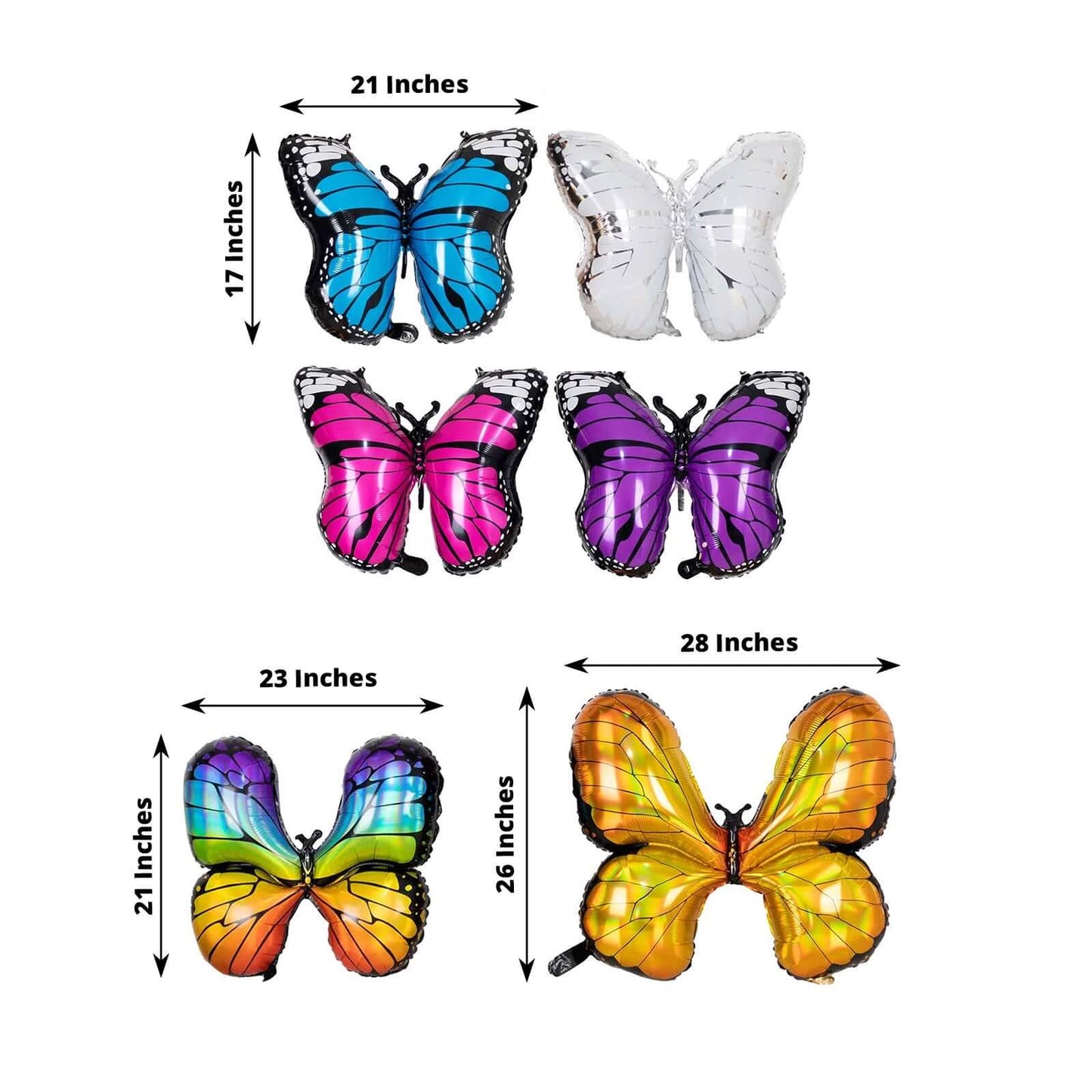 Set of 6 Assorted Butterfly Helium Foil Balloons, Fairy Tale Theme Party Supplies - 21",23",28"